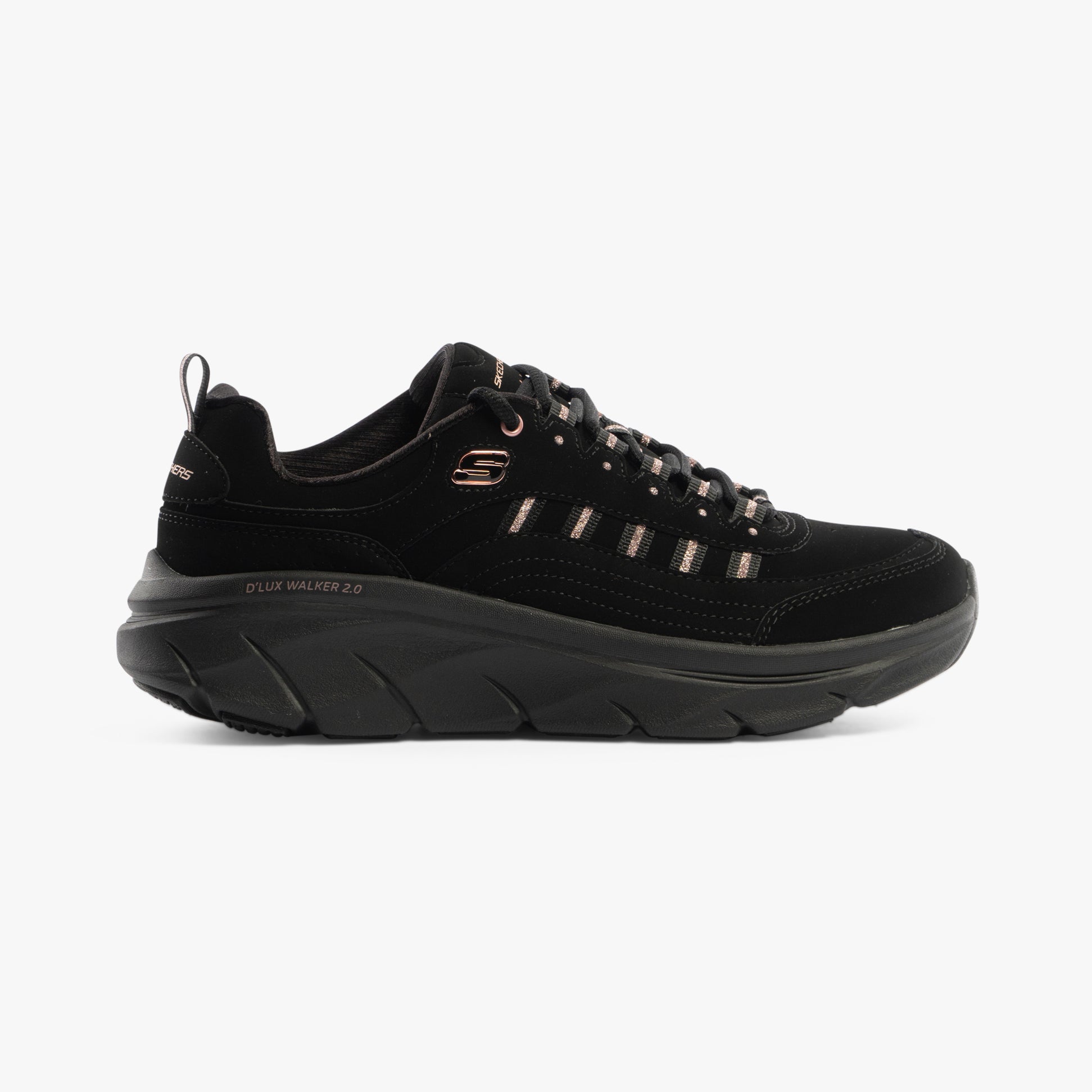 Skechers 150106/BKRG D'LUX WALKER 2.0-GOLDEN STEP Womens Trainers Black/Rosegold side view with lace-up closure.