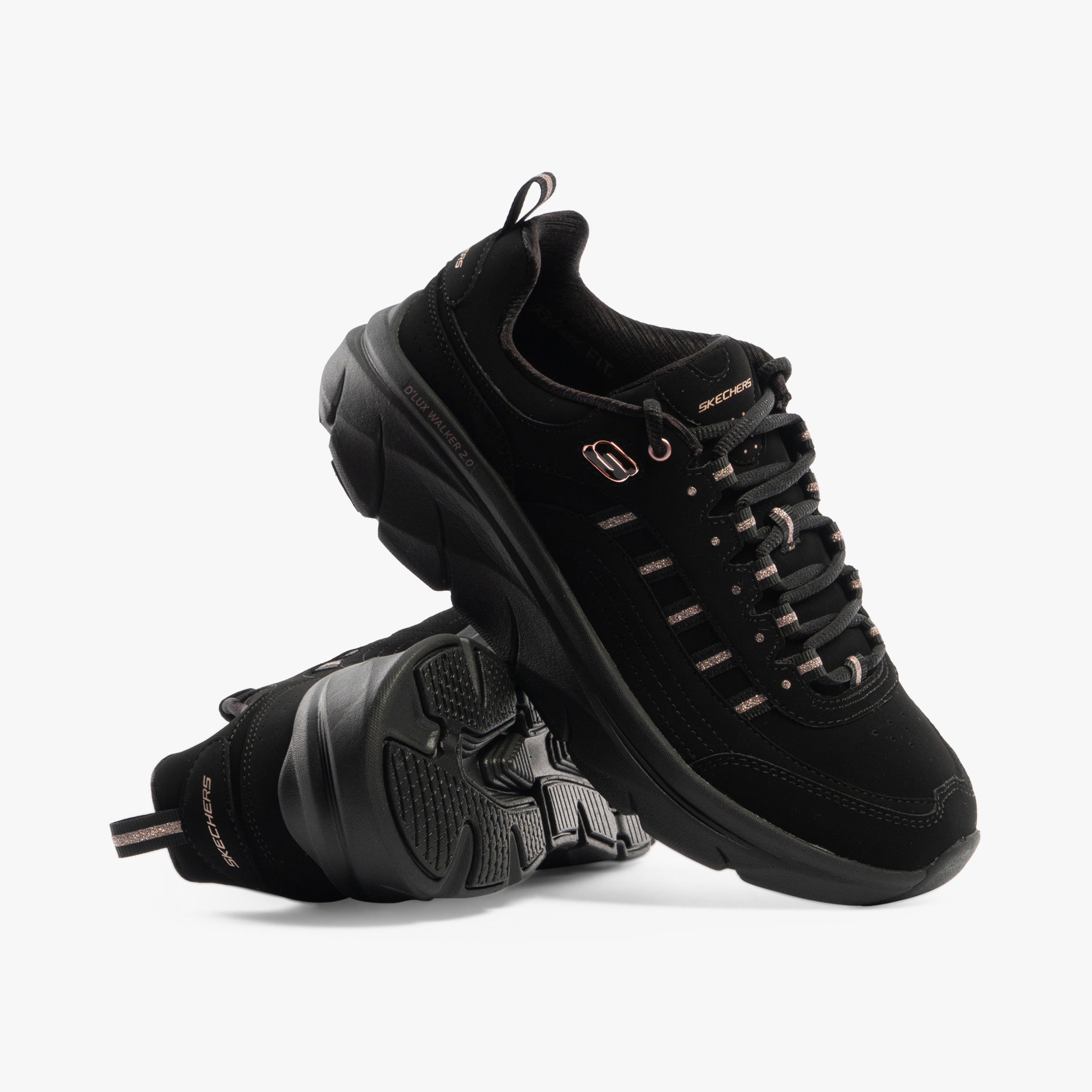 Skechers 150106/BKRG D'LUX WALKER 2.0-GOLDEN STEP Womens Trainers Black/Rosegold side view with laced design.