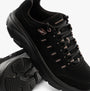 Skechers 150106/BKRG D'LUX WALKER 2.0-GOLDEN STEP Womens Trainers Black/Rosegold side view showing black leather upper and rose gold accents.