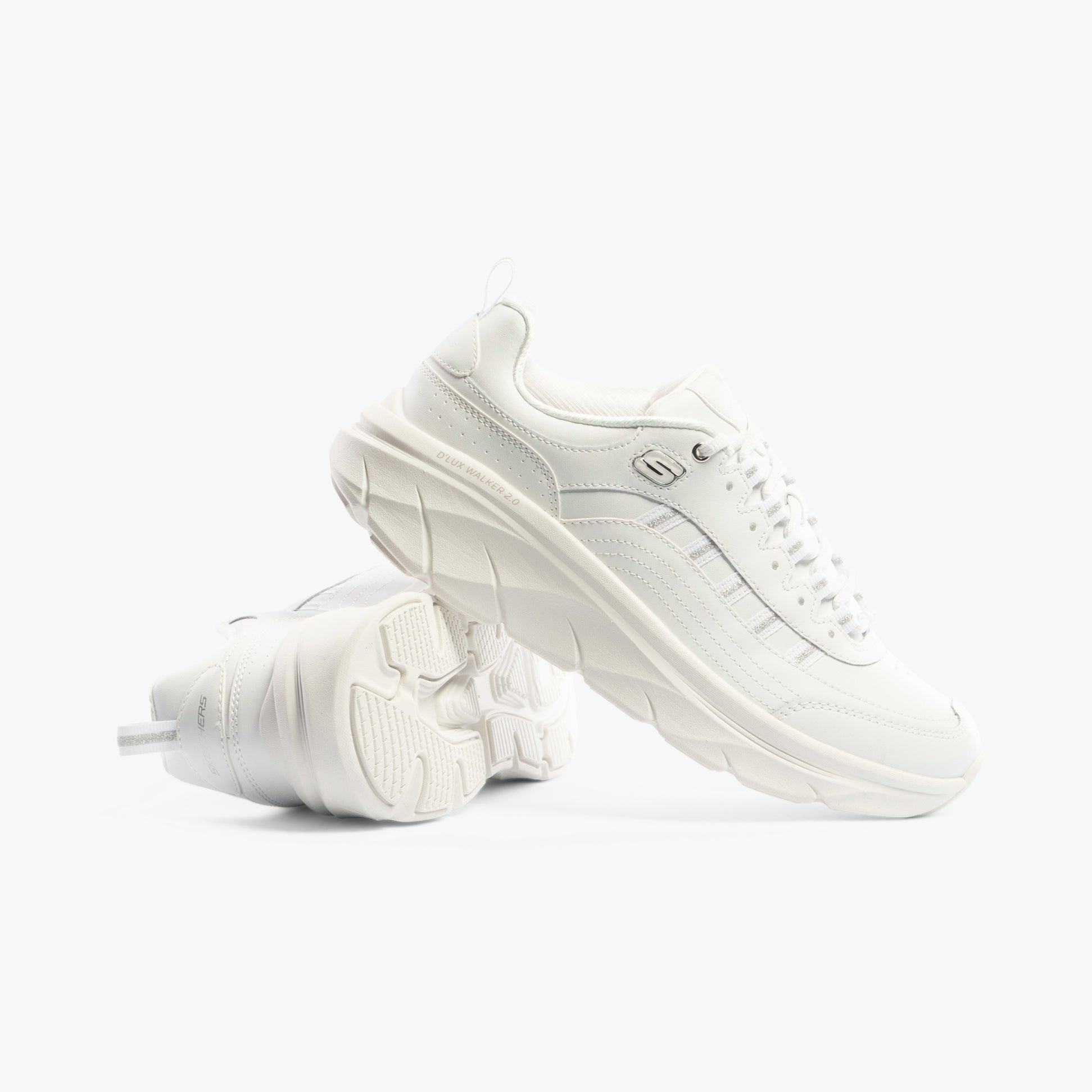 Skechers 150106/WSL D'LUX WALKER 2.0-GOLDEN STEP Womens Trainers White/Silver side view with white sole.