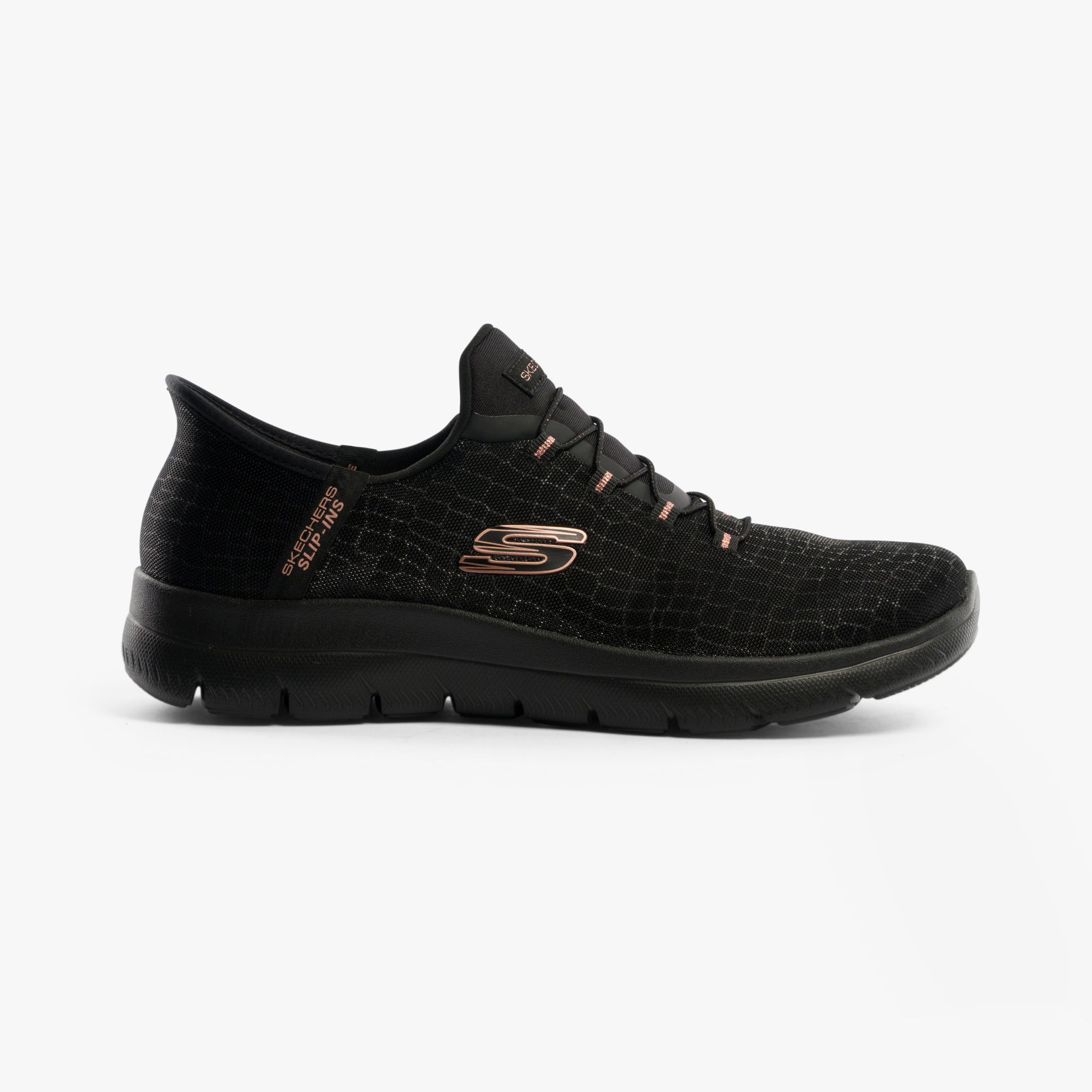 Skechers 150128/BKGD SUMMITS-CLASSY NIGHT Womens Trainers Black/Gold side view with black textured upper and rose gold accents.