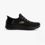 Skechers 150128/BKGD SUMMITS-CLASSY NIGHT Womens Trainers Black/Gold side view with black textured upper and rose gold accents.