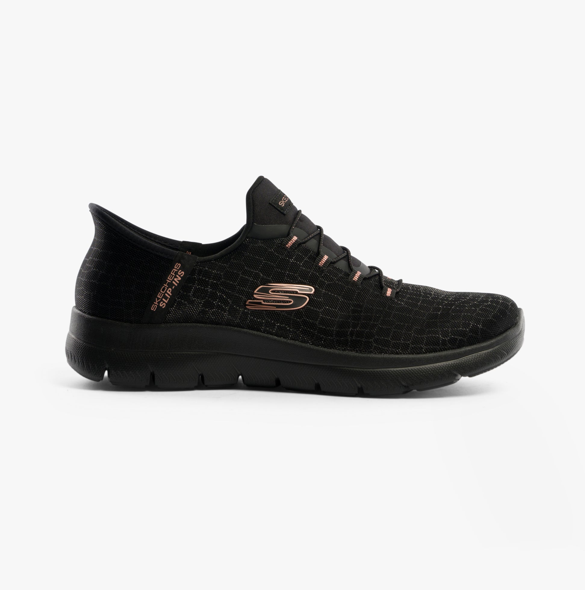 Skechers 150128/BKGD SUMMITS-CLASSY NIGHT Womens Trainers Black/Gold side view with black textured upper and rose gold accents.