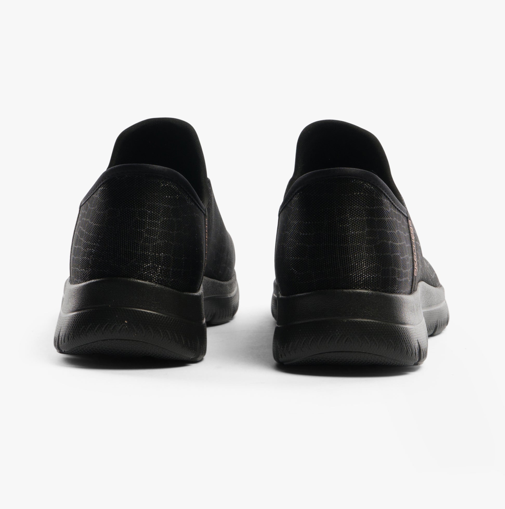 Skechers 150128/BKGD SUMMITS-CLASSY NIGHT Womens Trainers Black/Gold back view with textured design and slip-on style.