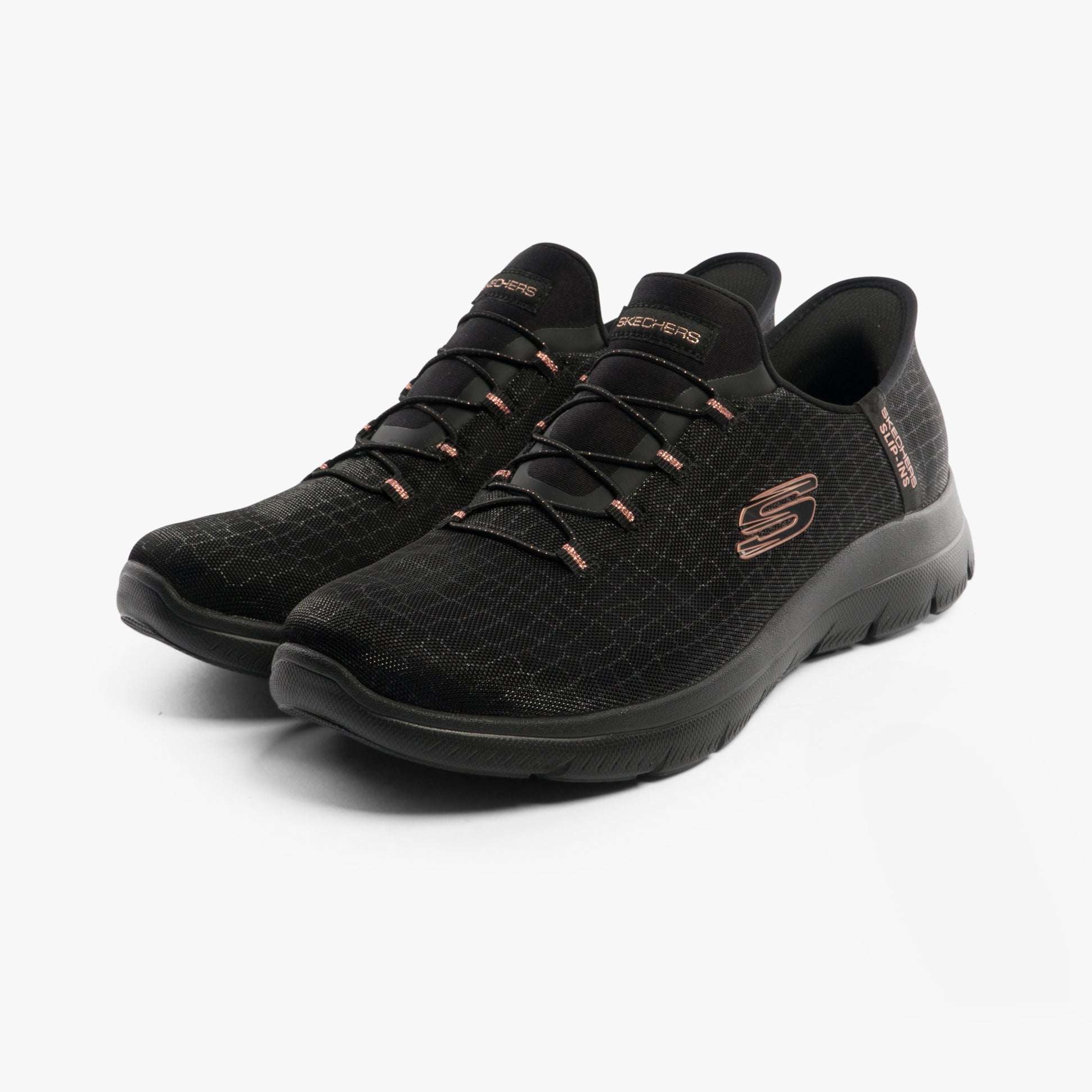 Skechers 150128/BKGD SUMMITS-CLASSY NIGHT Womens Trainers Black/Gold side view featuring slip-on design and memory foam.