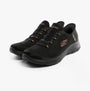 Skechers 150128/BKGD SUMMITS-CLASSY NIGHT Womens Trainers Black/Gold side view featuring slip-on design and memory foam.
