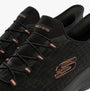 Skechers 150128/BKGD SUMMITS-CLASSY NIGHT Womens Trainers Black/Gold top view showcasing stylish design and lace detailing.
