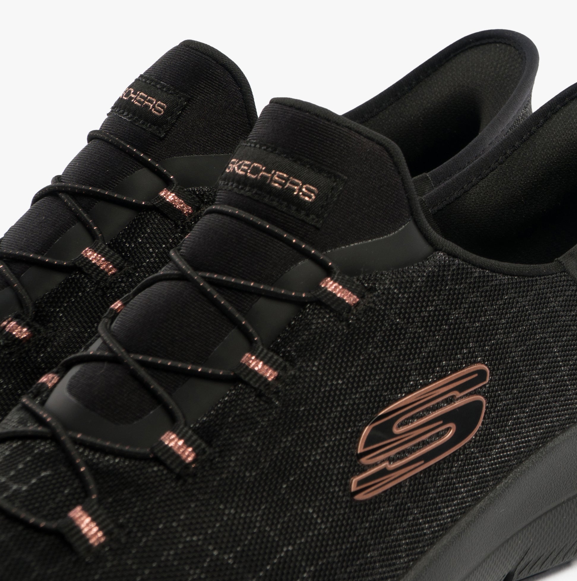 Skechers 150128/BKGD SUMMITS-CLASSY NIGHT Womens Trainers Black/Gold top view showcasing stylish design and lace detailing.