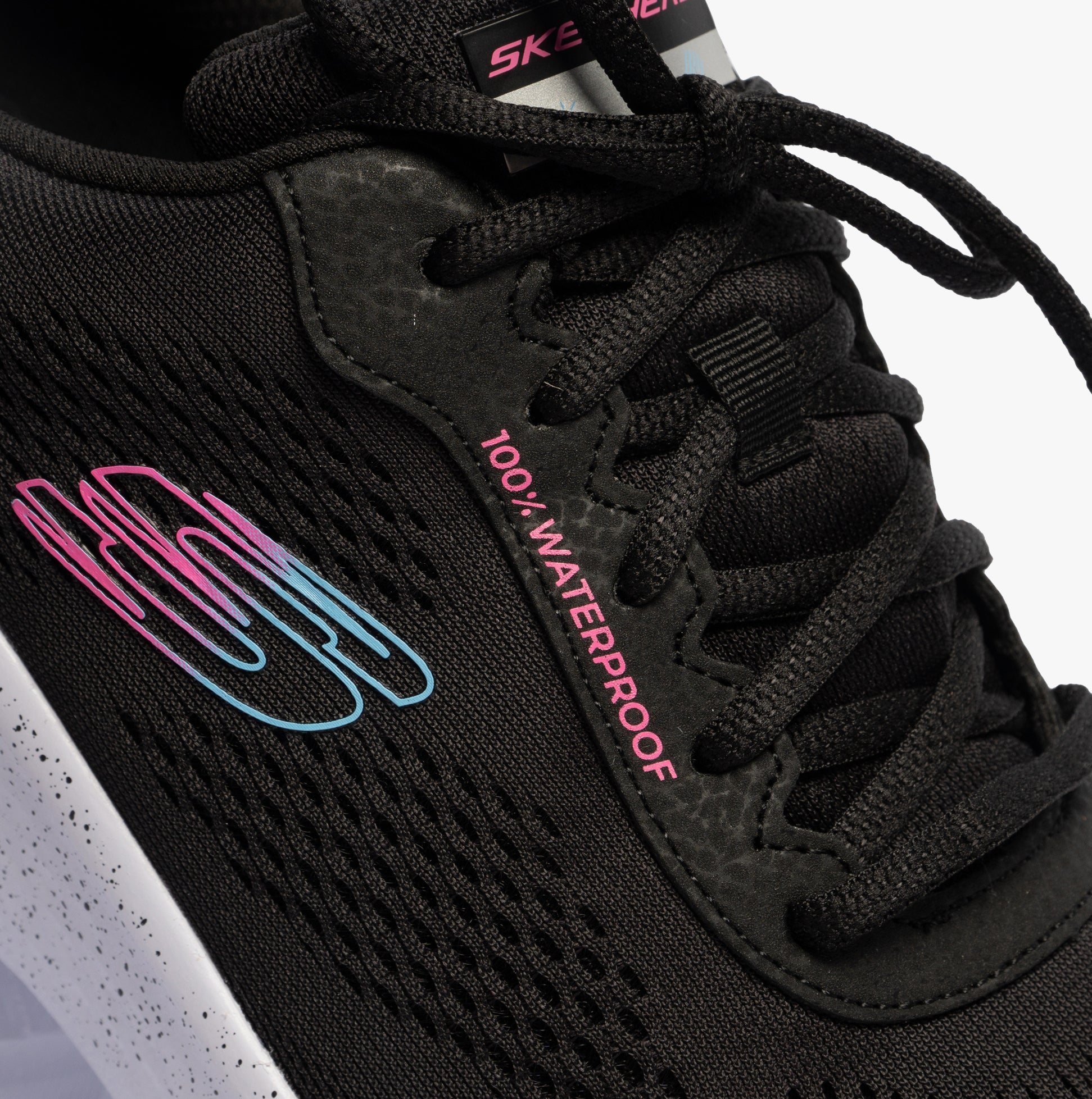 Skechers 150198/BLK SKECH-LITE PRO-THROUGH THE MUD Womens Trainers Black close-up detail view showcasing the waterproof feature.