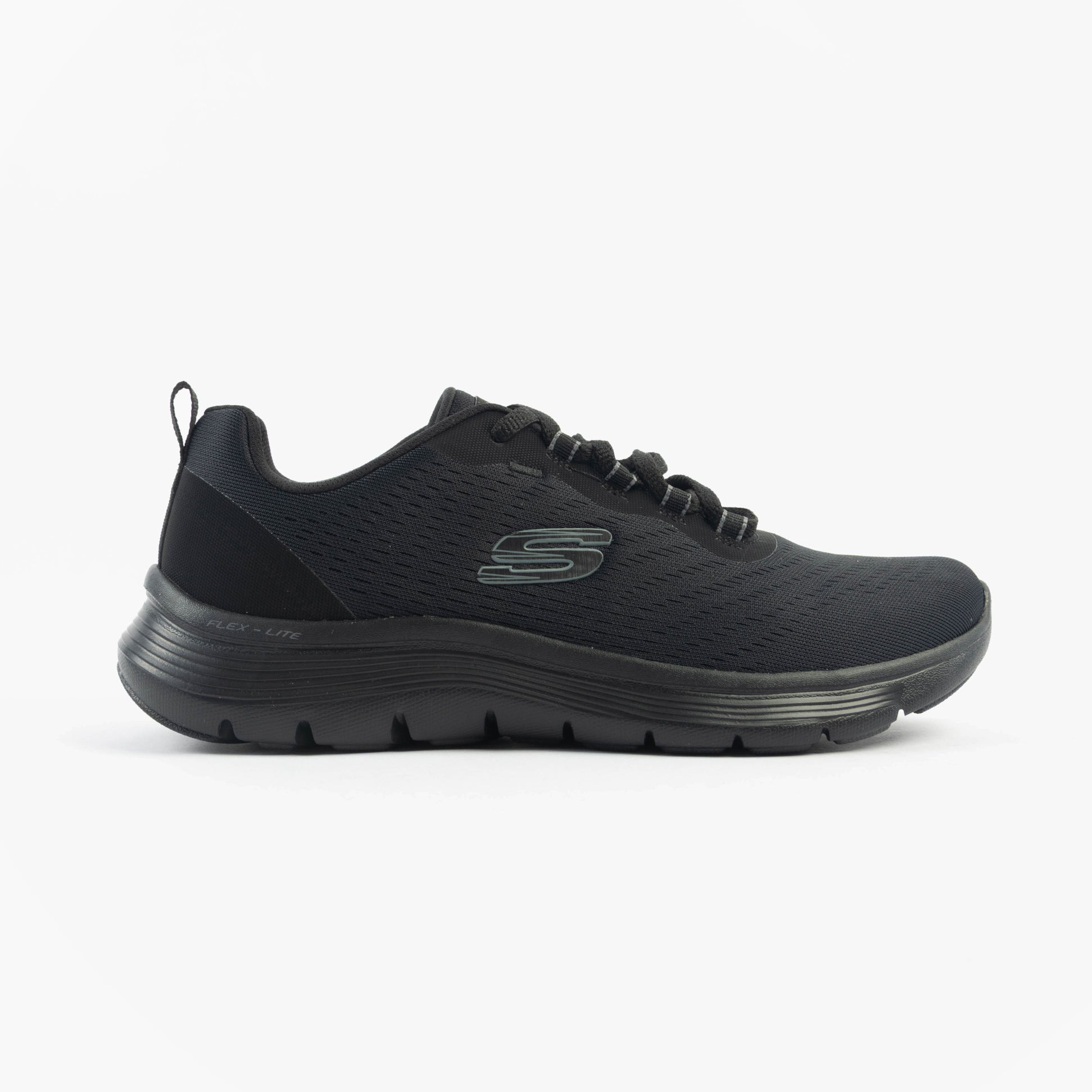 Skechers 150201/BBK FLEX APPEAL 5.0 Womens Trainers Black side view showing mesh upper and lace-up design.
