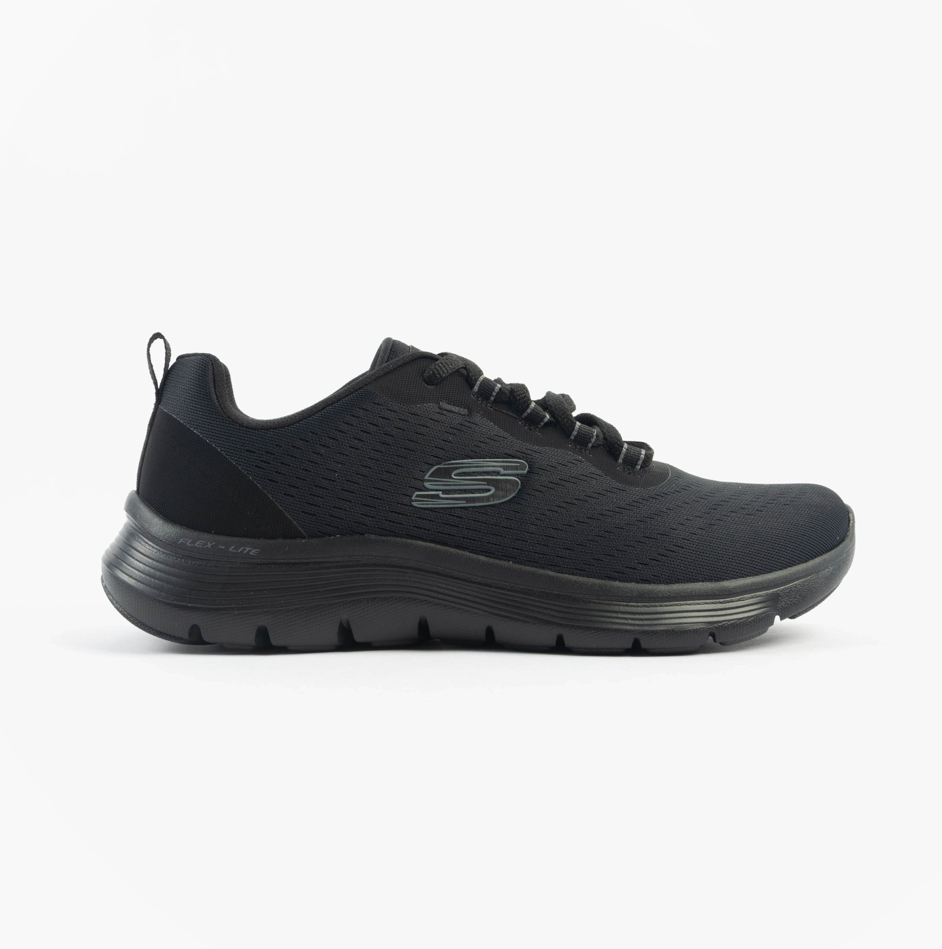 Skechers 150201/BBK FLEX APPEAL 5.0 Womens Trainers Black side view showing mesh upper and lace-up design.