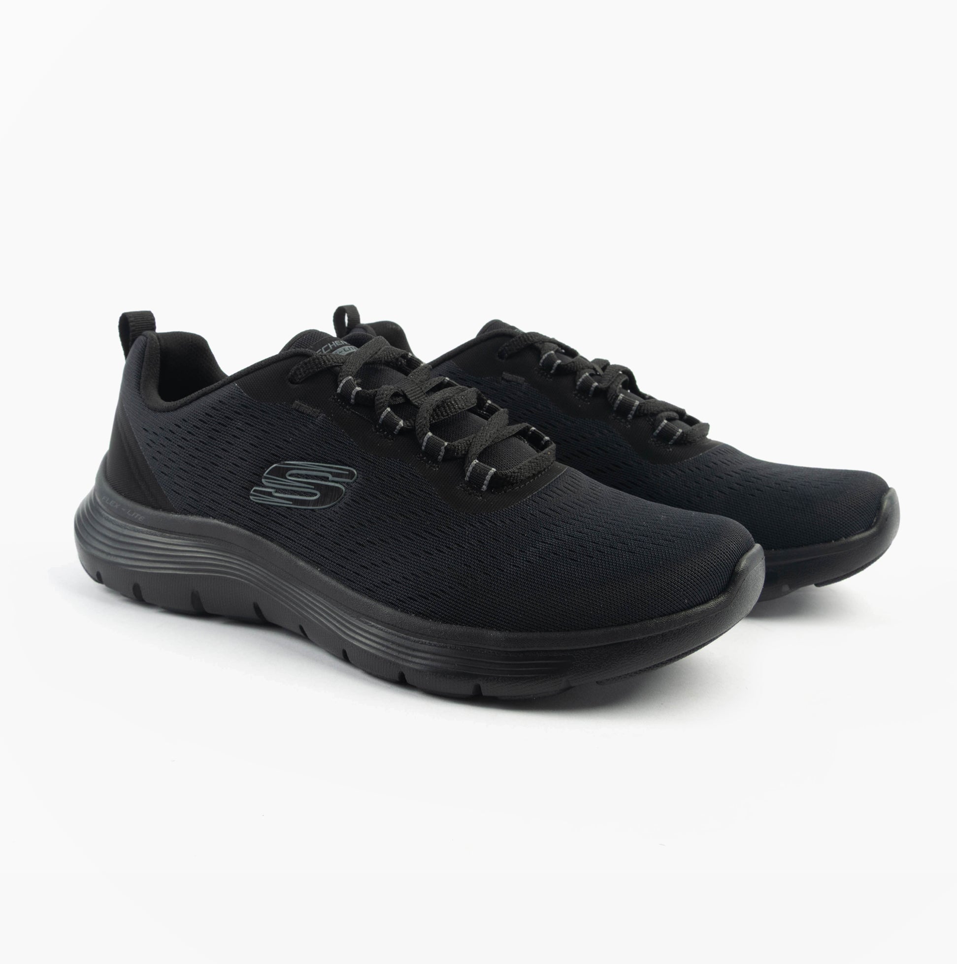 Skechers 150201/BBK FLEX APPEAL 5.0 Womens Trainers Black side view showing mesh upper and lace-up closure.