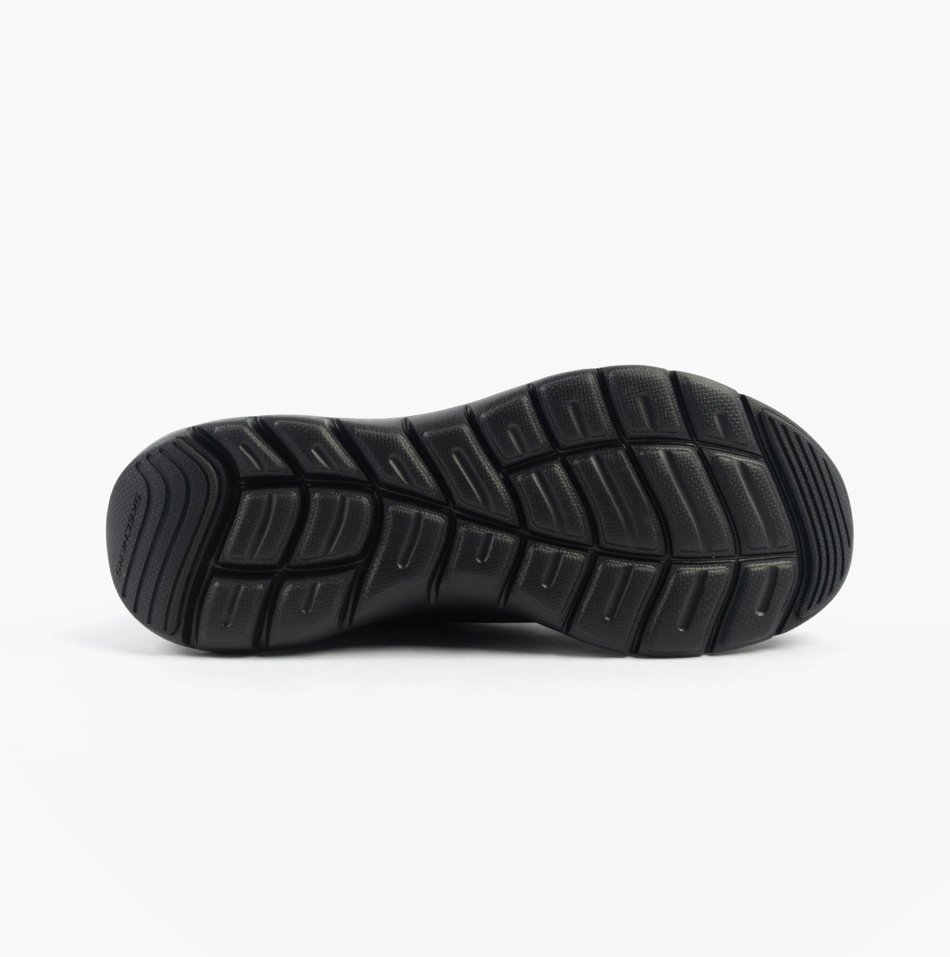 Skechers 150201/BBK FLEX APPEAL 5.0 Womens Trainers Black bottom view showcasing rubber sole with traction patterns.