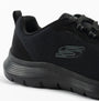 Skechers 150201/BBK FLEX APPEAL 5.0 Womens Trainers Black side view showcasing mesh upper and rubber sole.