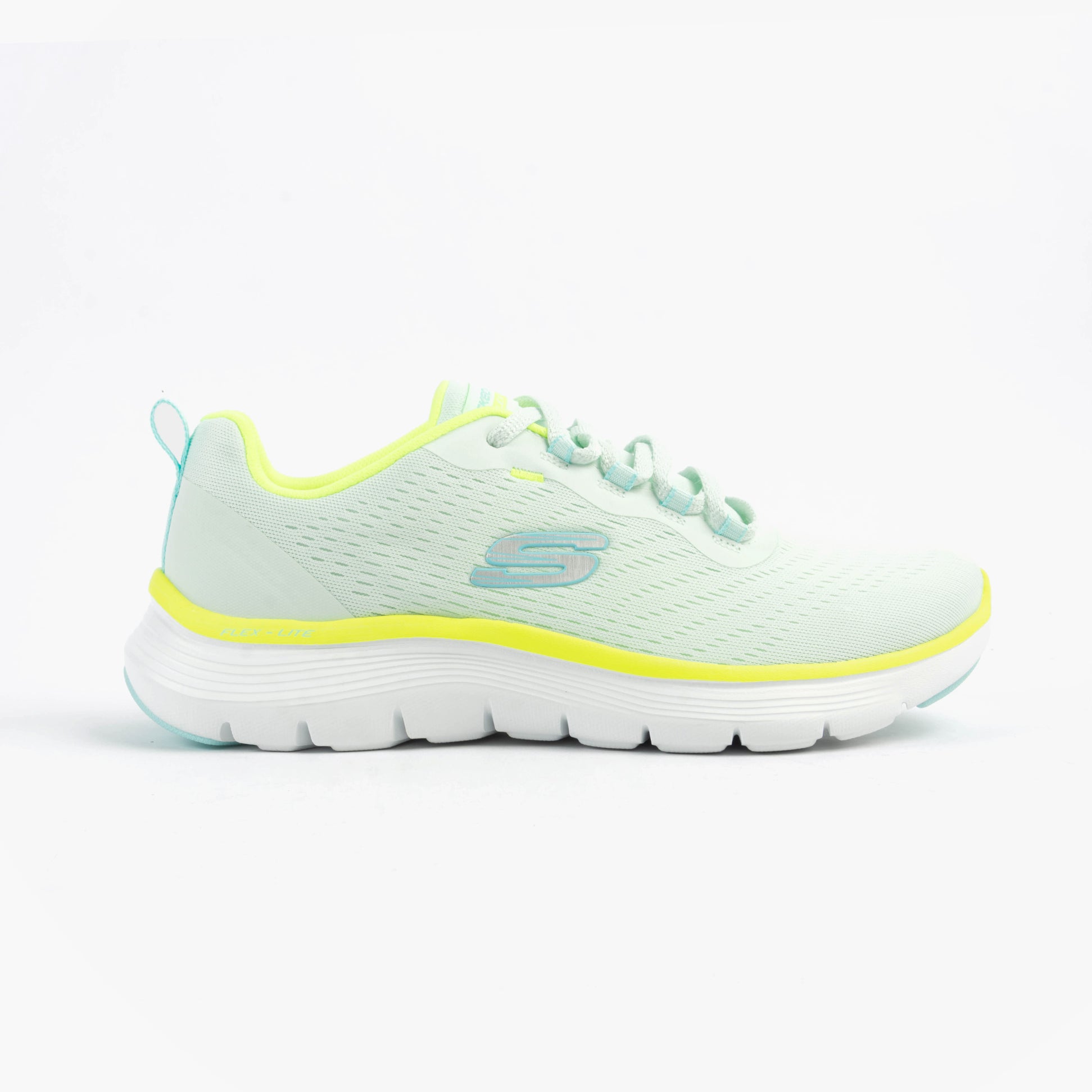 Skechers 150201/MTMT FLEX APPEAL 5.0 Womens Trainers Multicoloured side view, light blue mesh upper with yellow accents.