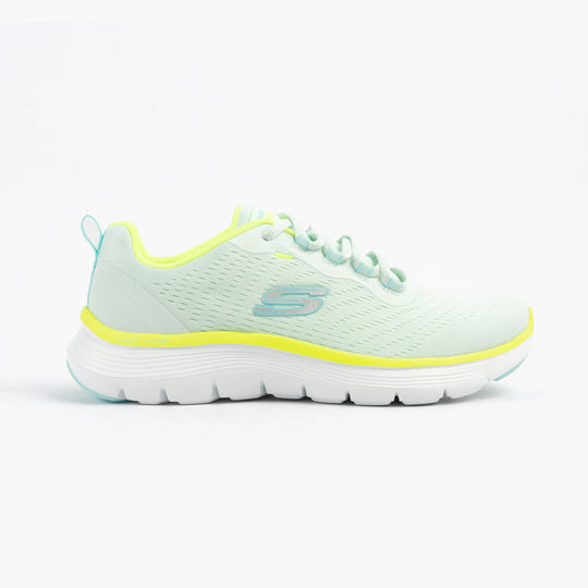 Skechers 150201/MTMT FLEX APPEAL 5.0 Womens Trainers Multicoloured side view, light blue mesh upper with yellow accents.