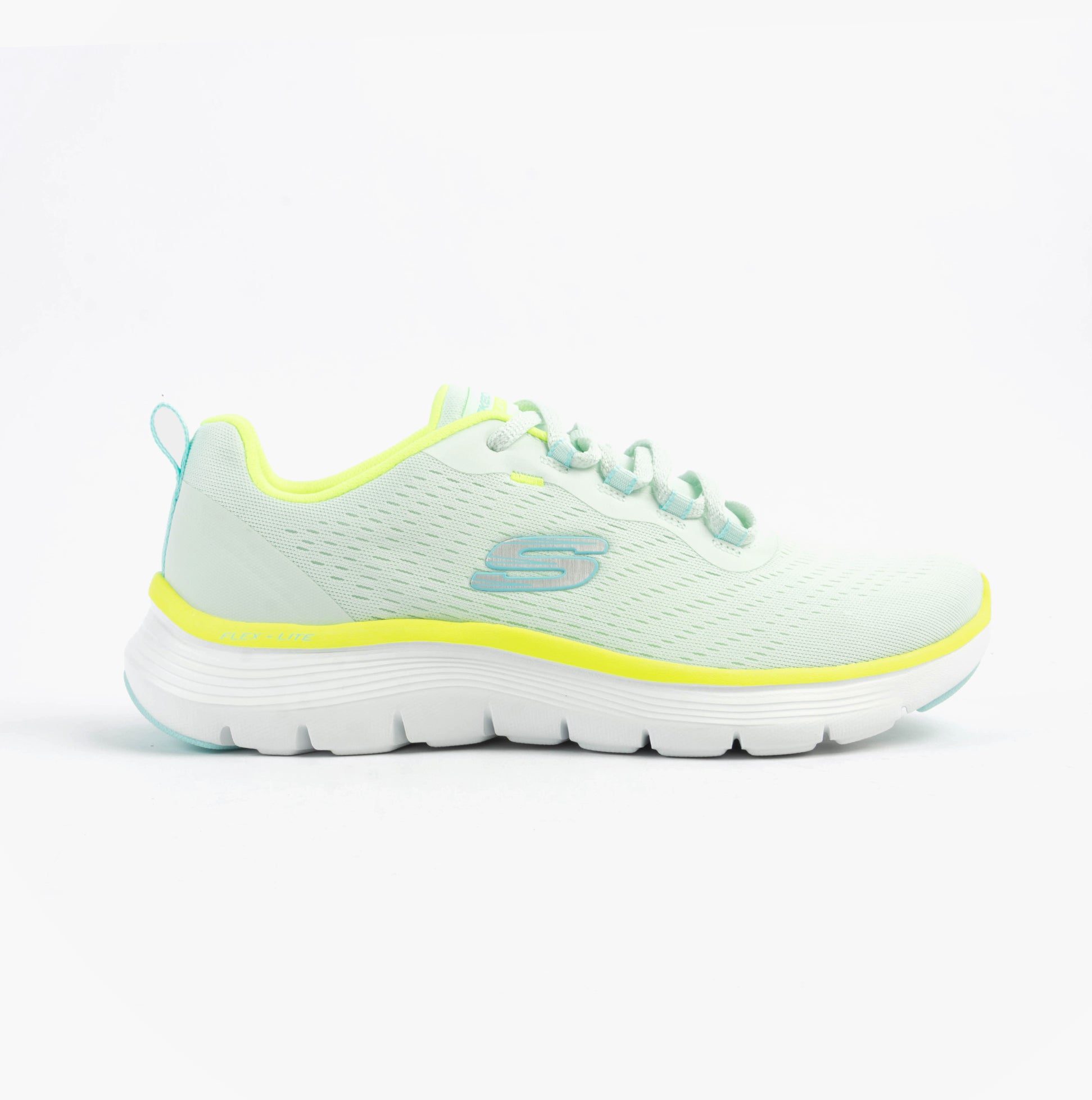 Skechers 150201/MTMT FLEX APPEAL 5.0 Womens Trainers Multicoloured side view, light blue mesh upper with yellow accents.