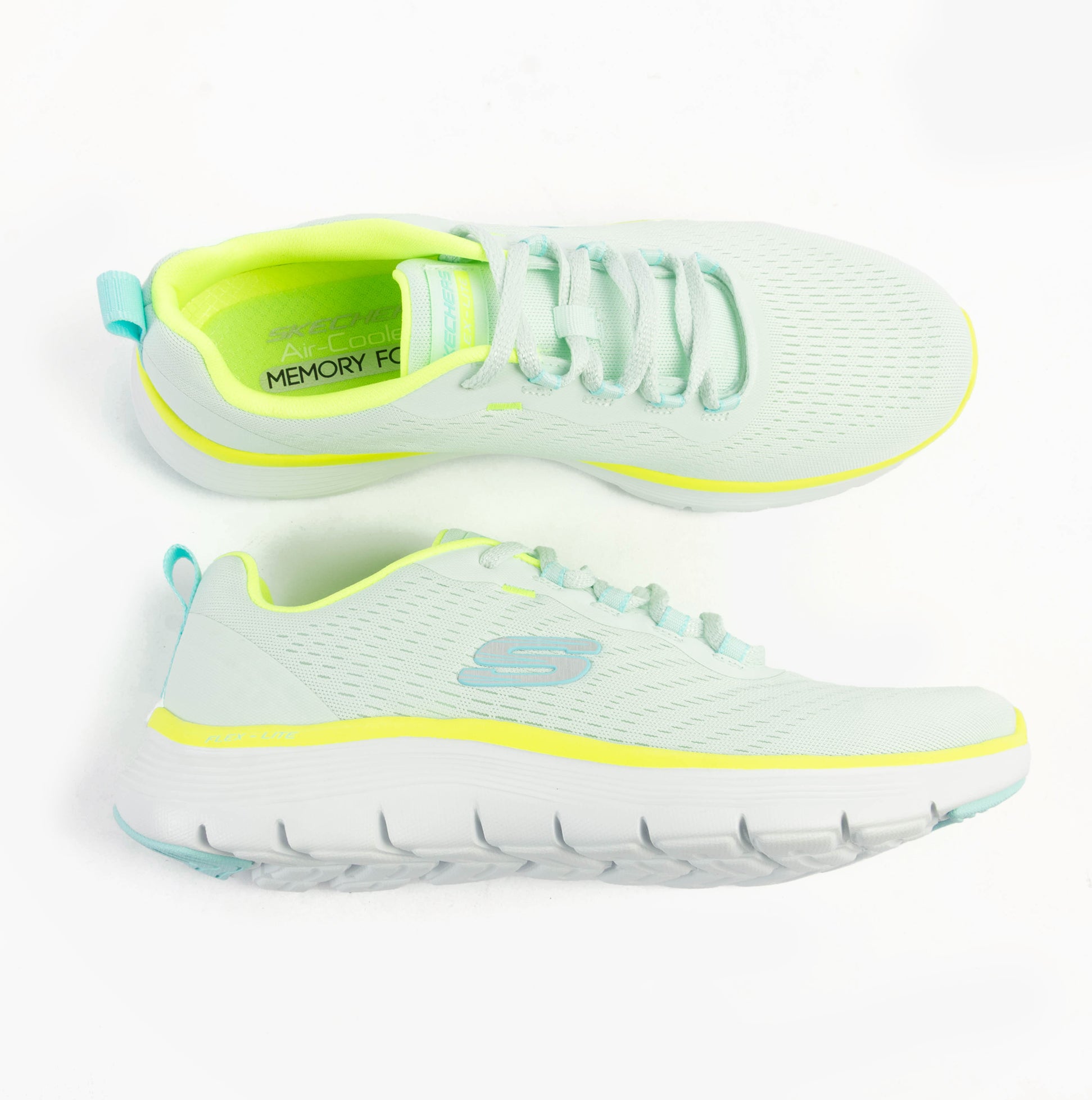 Skechers 150201/MTMT FLEX APPEAL 5.0 Womens Trainers Multicoloured top view and side view with light blue and neon yellow details.
