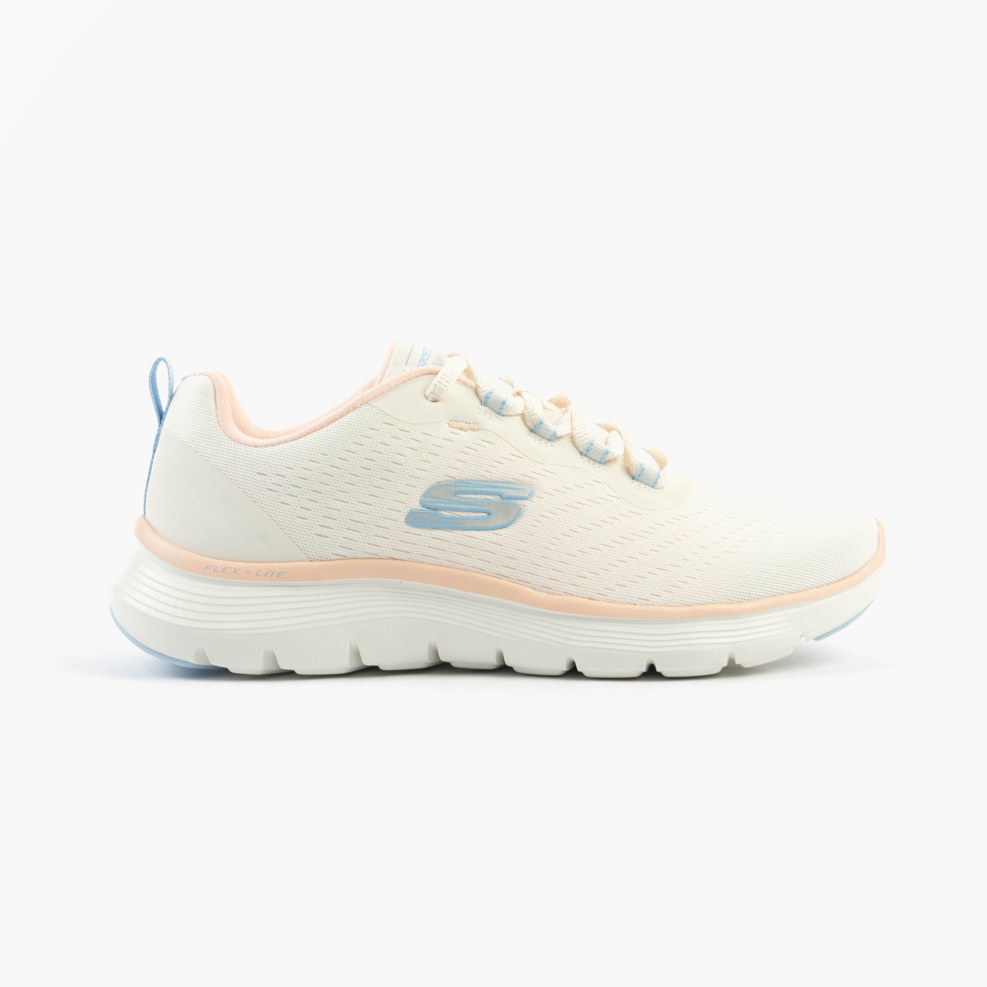 Skechers 150201/NTMT FLEX APPEAL 5.0 Womens Trainers Natural/Multi side view with relaxed fit and lace-up closure.