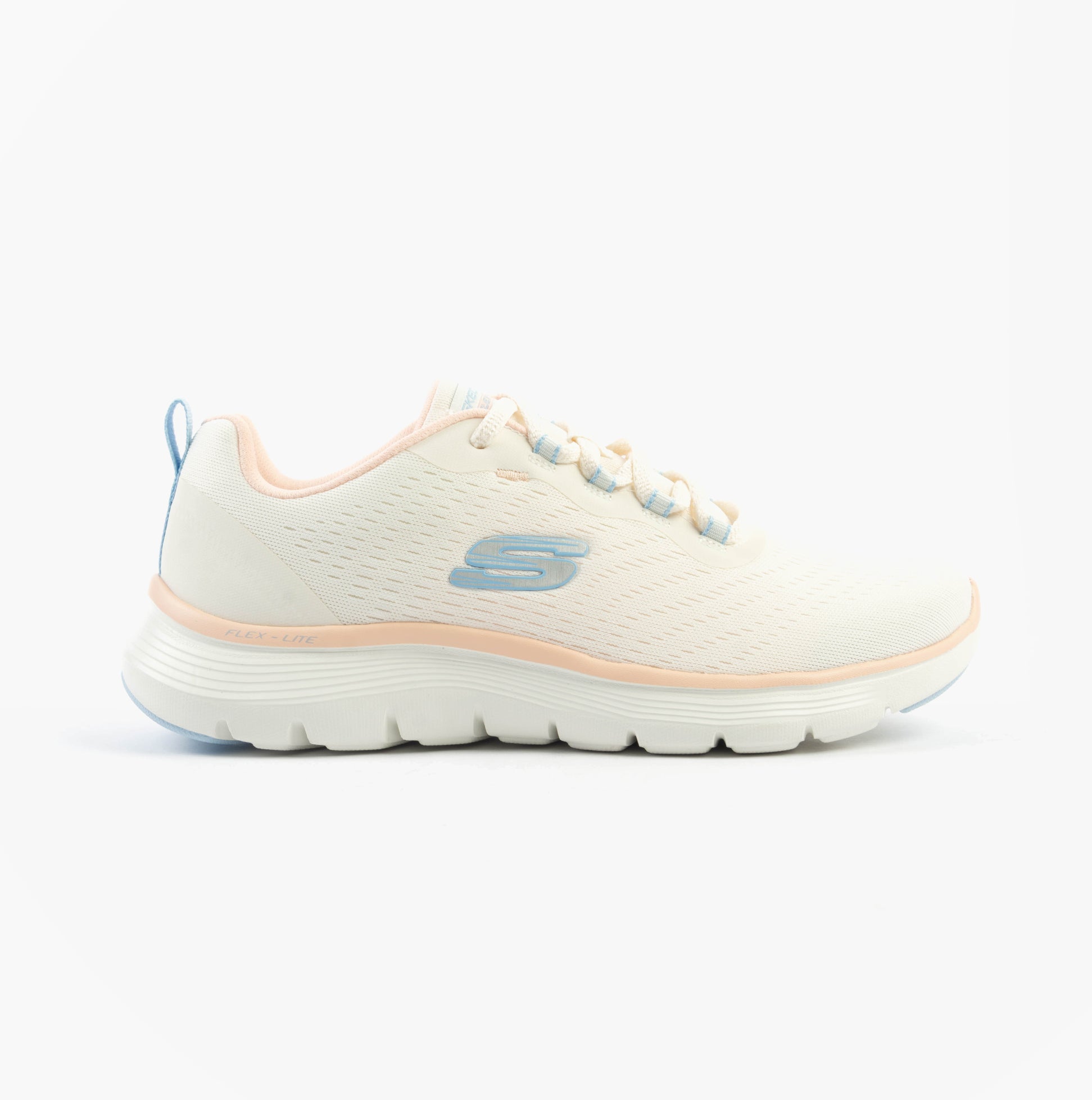 Skechers 150201/NTMT FLEX APPEAL 5.0 Womens Trainers Natural/Multi side view with relaxed fit and lace-up closure.