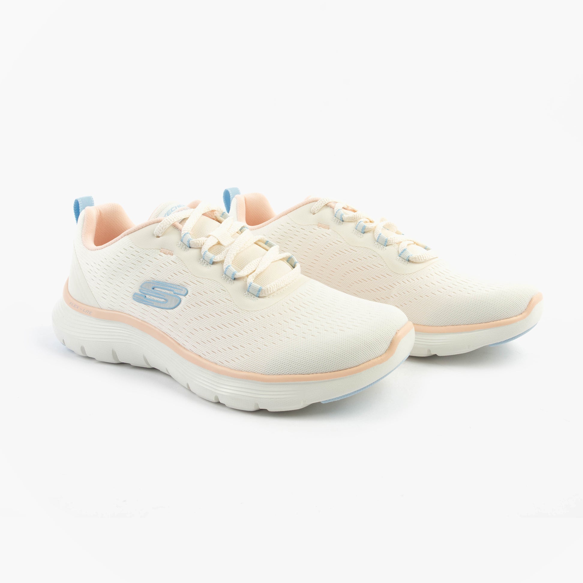 Skechers 150201/NTMT FLEX APPEAL 5.0 Womens Trainers Natural/Multi side view showing mesh upper and lace-up closure.