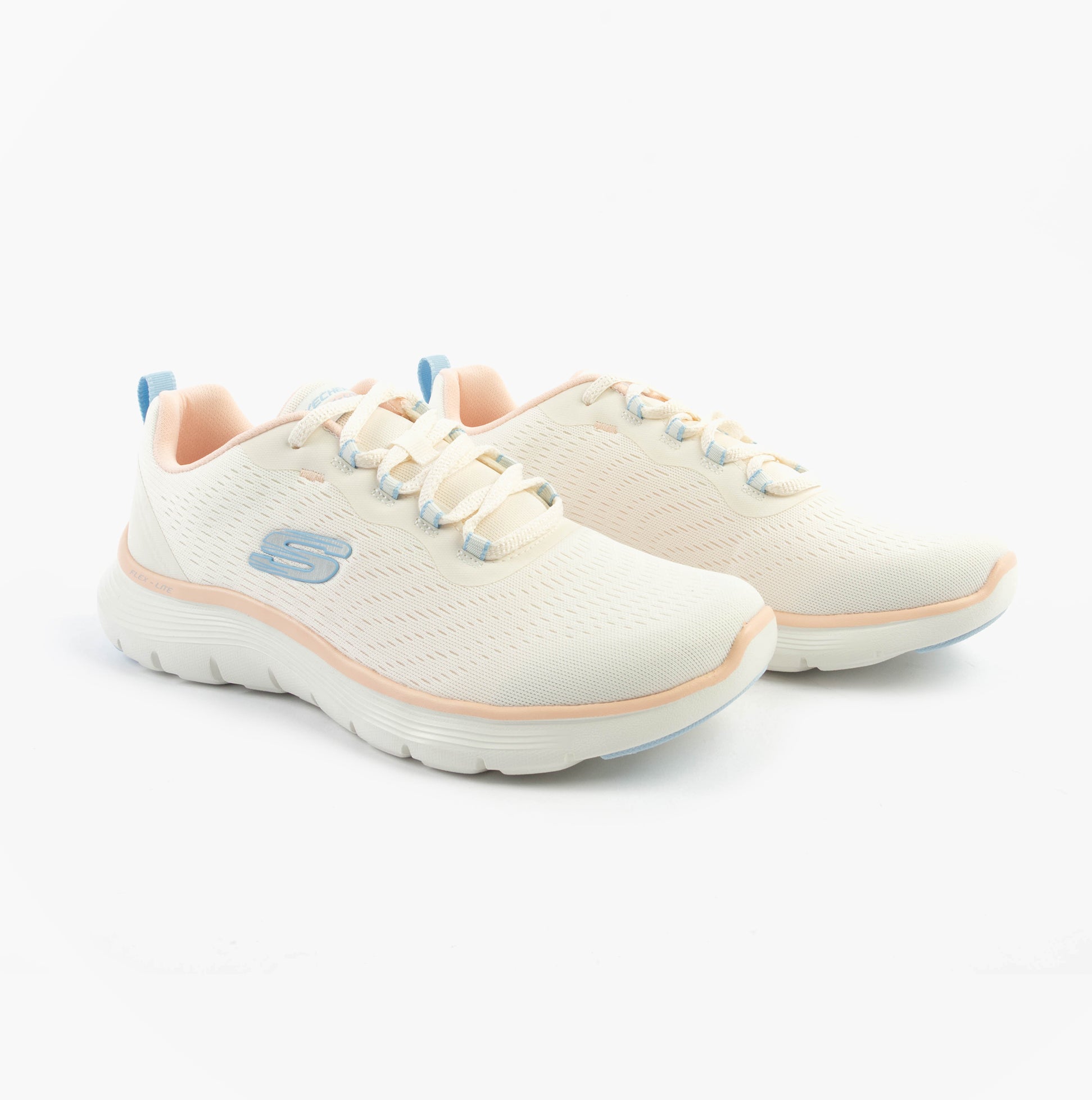 Skechers 150201/NTMT FLEX APPEAL 5.0 Womens Trainers Natural/Multi side view showing mesh upper and lace-up closure.