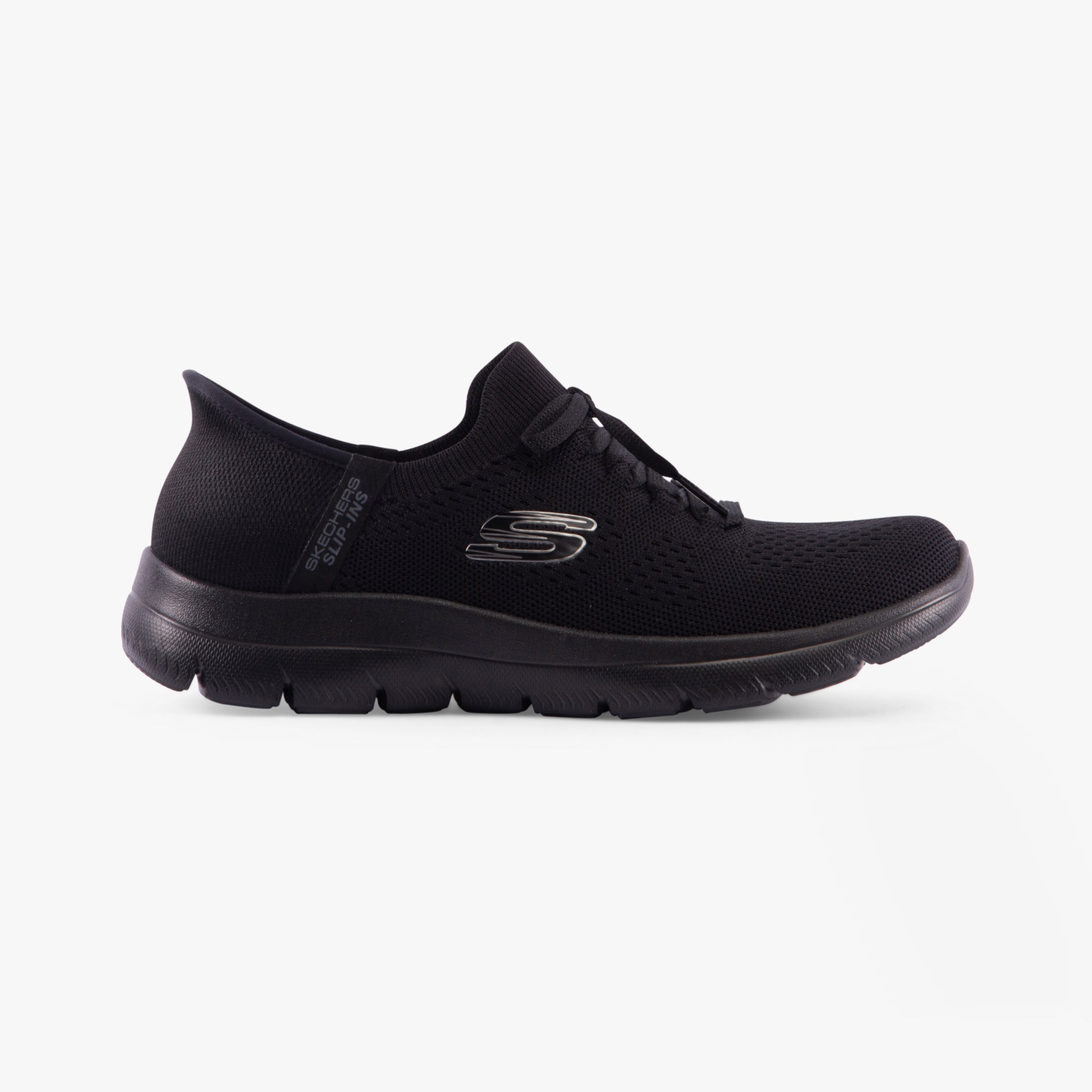 Skechers 150263/BBK SUMMITS-NEW DAILY Womens Trainers Black side view highlighting the lightweight design and lace-up closure.