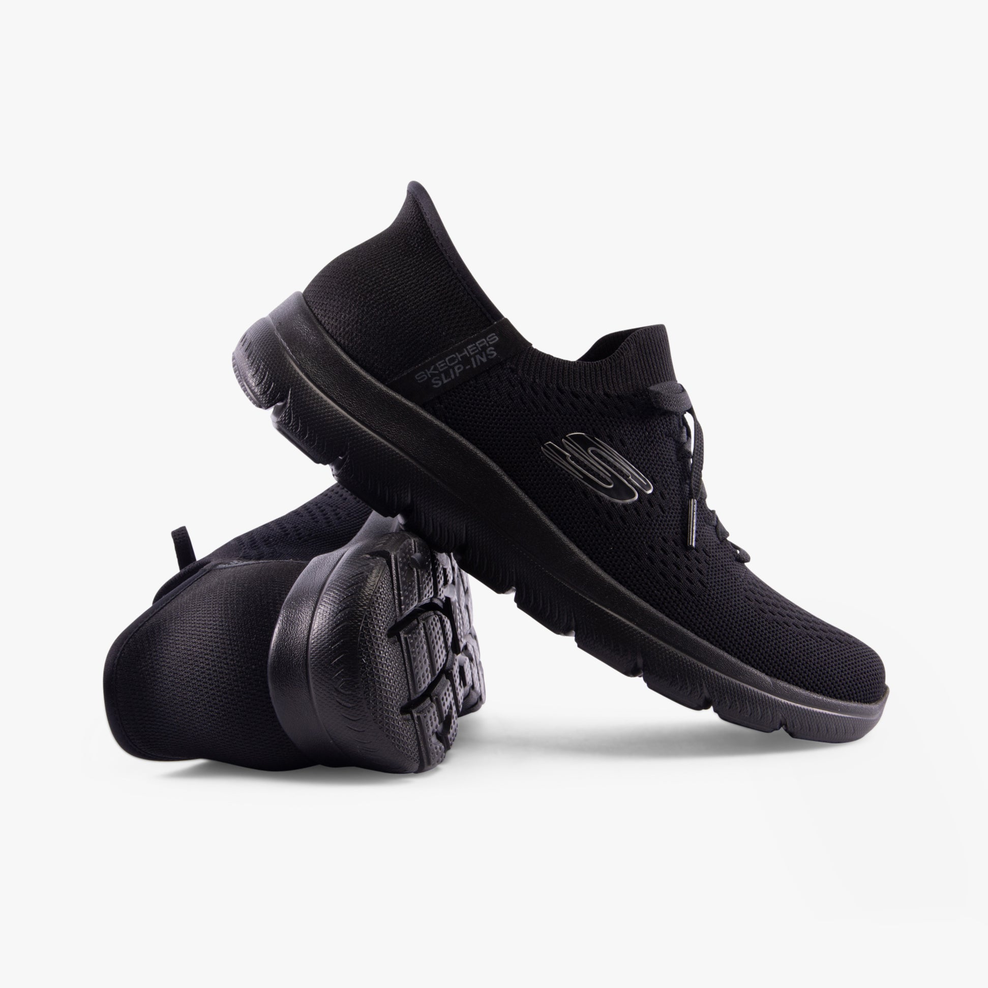 Skechers 150263/BBK SUMMITS-NEW DAILY Womens Trainers Black side and detail view showcasing the sleek black textile design.