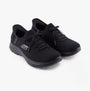 Skechers 150263/BBK SUMMITS-NEW DAILY Womens Trainers Black front view showcasing breathable textile upper and relaxed lace-up design.
