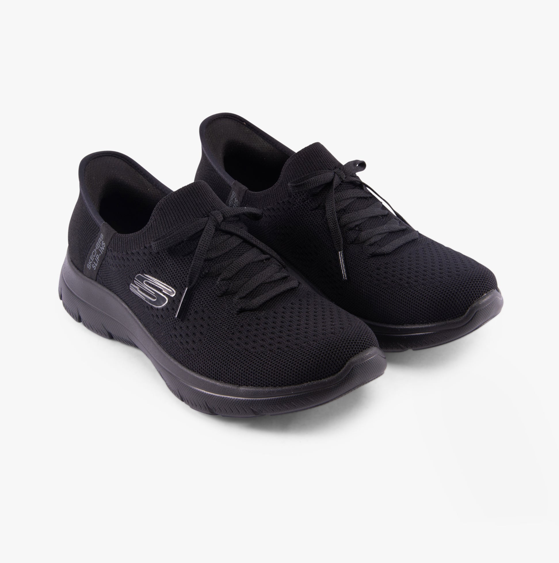 Skechers 150263/BBK SUMMITS-NEW DAILY Womens Trainers Black front view showcasing breathable textile upper and relaxed lace-up design.