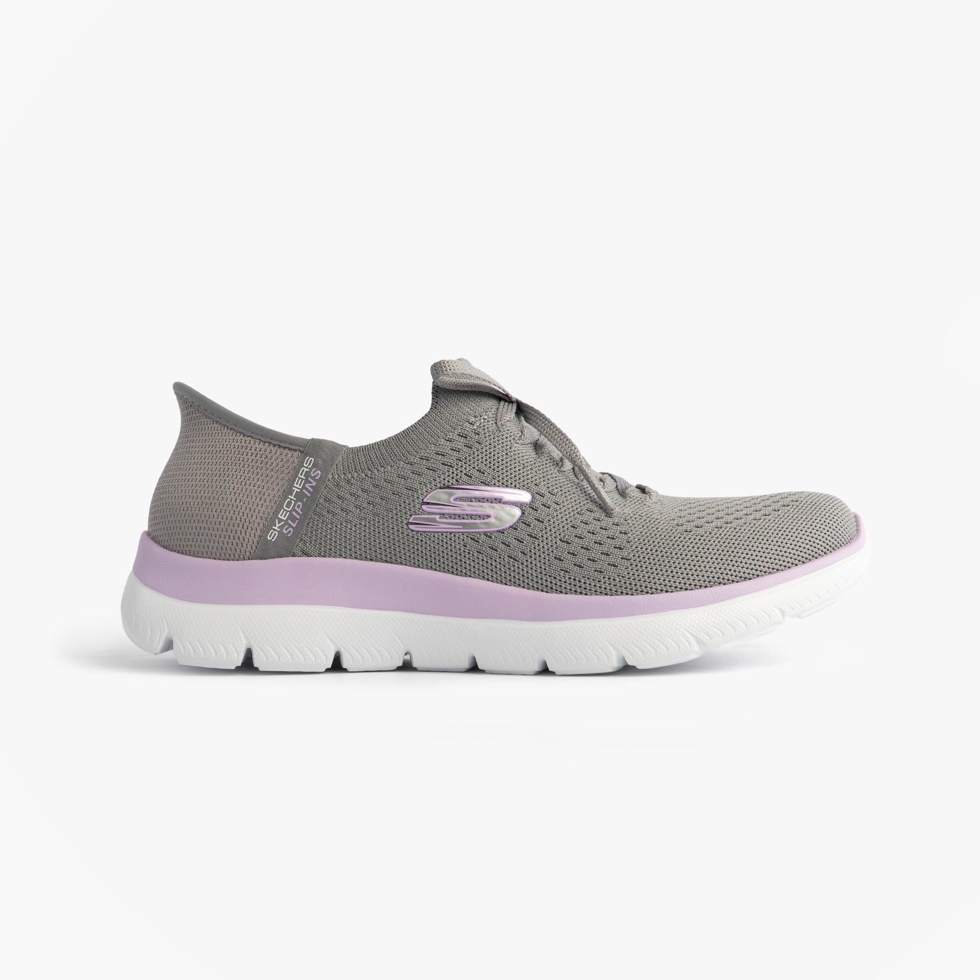 Skechers 150263/GYLV SUMMITS-NEW DAILY Womens Trainers Grey/Lavender side view showing casual textile upper and rubber sole.