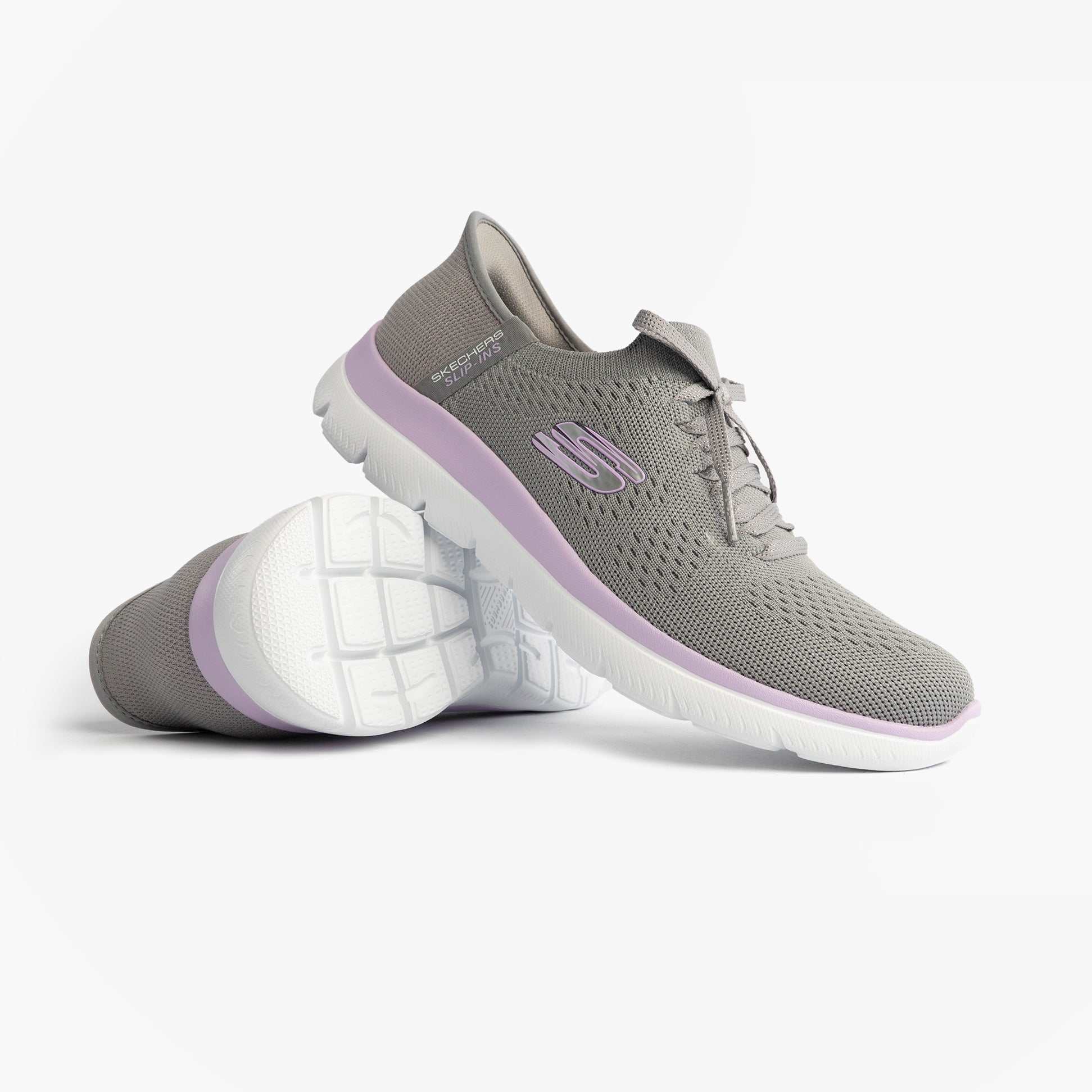 Skechers 150263/GYLV SUMMITS-NEW DAILY Womens Trainers Grey/Lavender side view showing lace-up closure and round toe design.