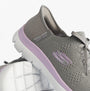 Skechers 150263/GYLV SUMMITS-NEW DAILY Womens Trainers Grey/Lavender side view showcasing lace-up design and textile upper.