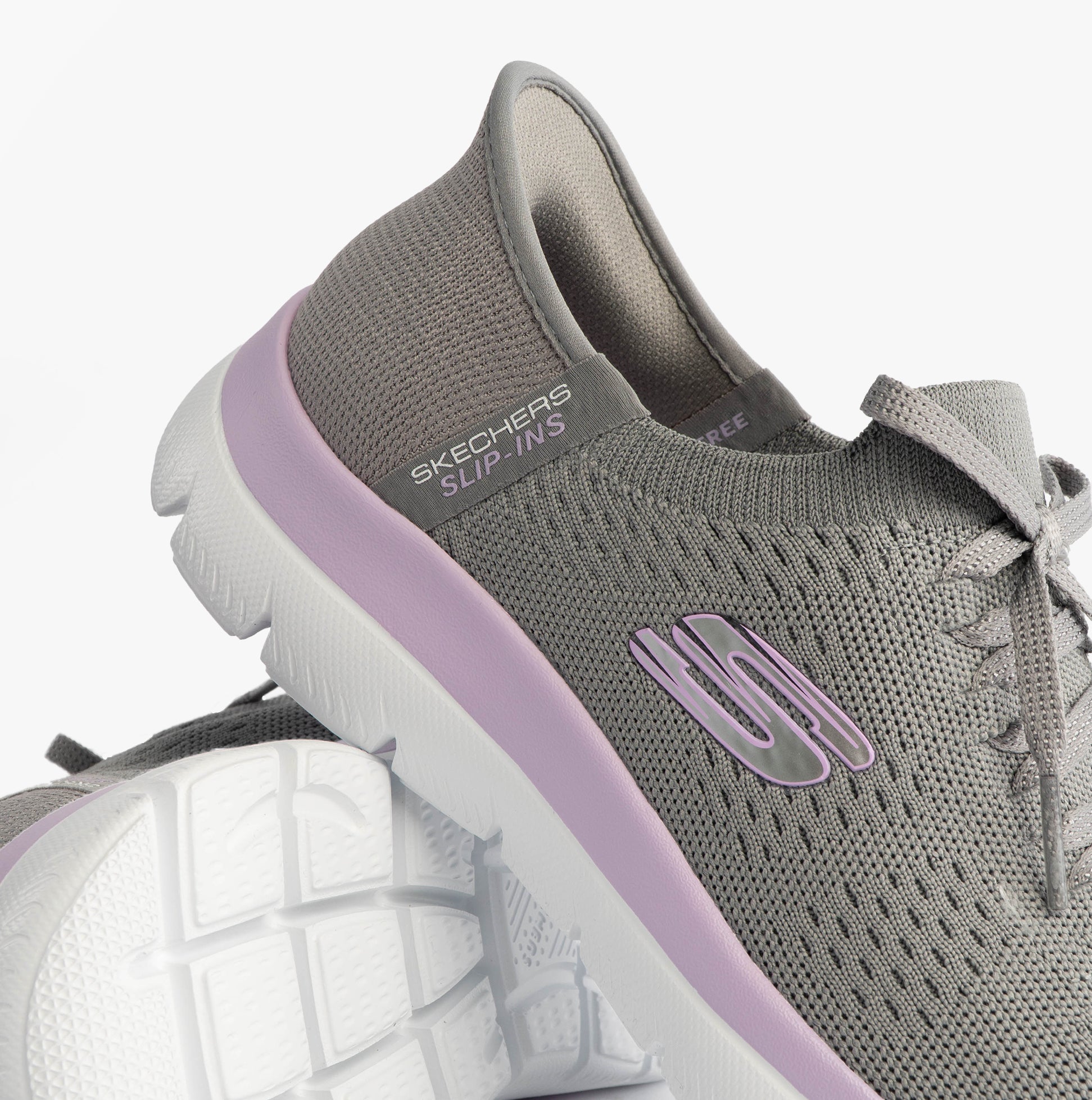 Skechers 150263/GYLV SUMMITS-NEW DAILY Womens Trainers Grey/Lavender side view showcasing lace-up design and textile upper.