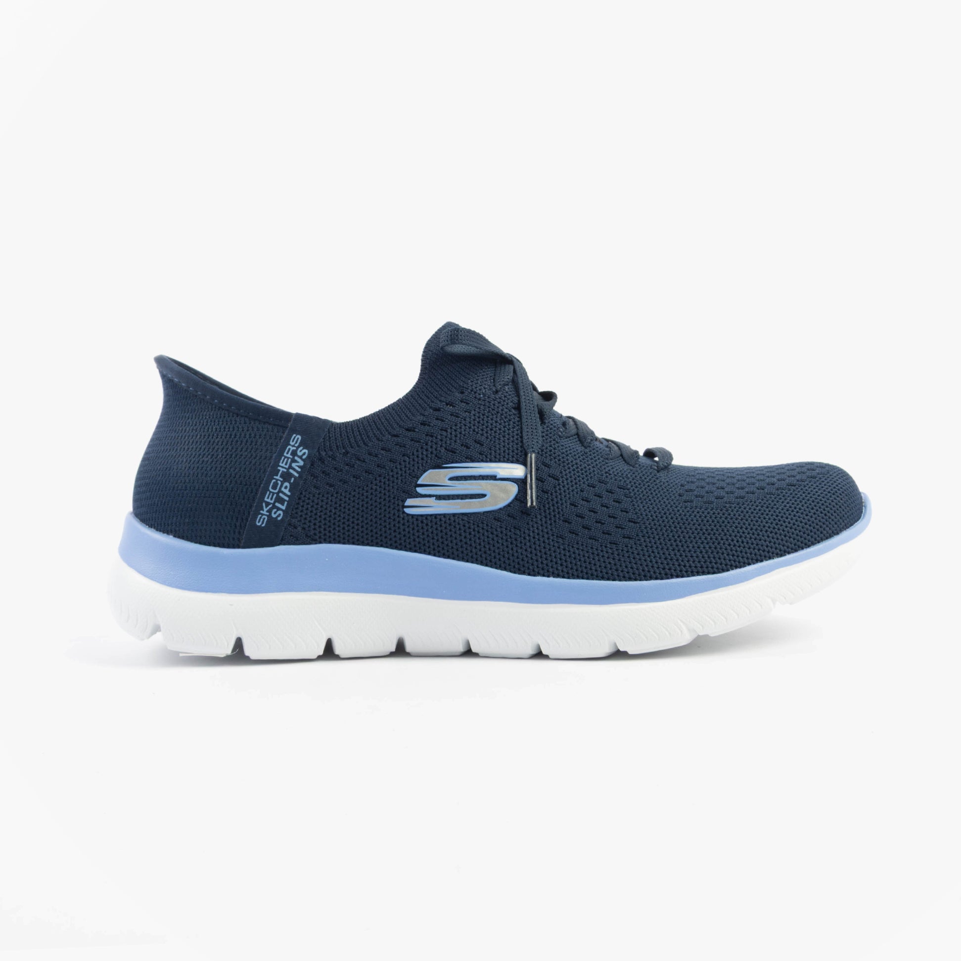 Skechers 150263/NVBL SUMMITS-NEW DAILY Womens Trainers Navy side view with lace-up closure and rubber sole.
