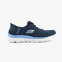 Skechers 150263/NVBL SUMMITS-NEW DAILY Womens Trainers Navy side view with lace-up closure and rubber sole.
