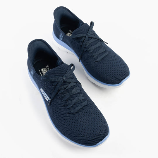 Skechers 150263/NVBL SUMMITS-NEW DAILY Womens Trainers Navy top view showcasing breathable textile upper and lace-up design.
