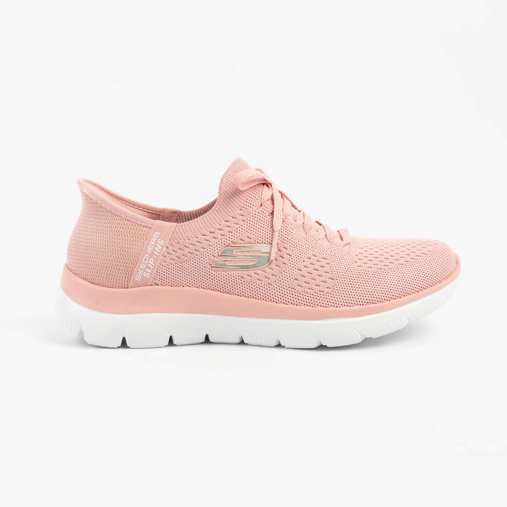 Skechers 150263/ROS SUMMITS-NEW DAILY Womens Trainers Rose side view showing pink textile upper and white rubber sole.