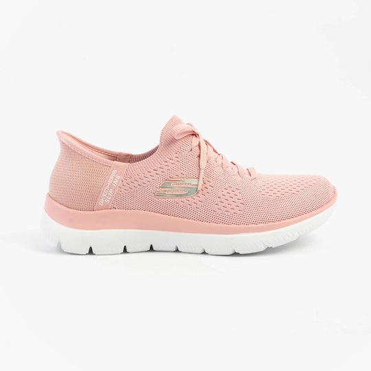 Skechers 150263/ROS SUMMITS-NEW DAILY Womens Trainers Rose side view showing pink textile upper and white rubber sole.