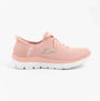 Skechers 150263/ROS SUMMITS-NEW DAILY Womens Trainers Rose side view showing pink textile upper and white rubber sole.