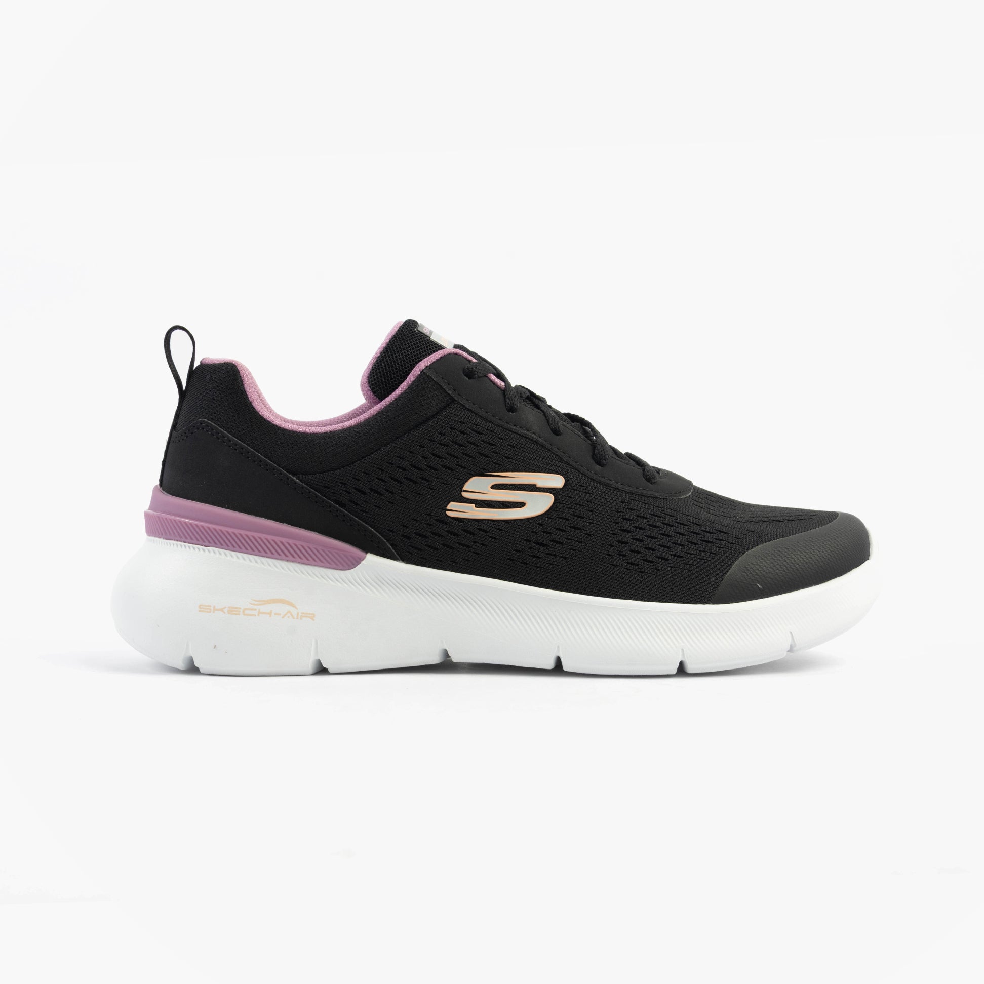 Skechers 150370/BKMV SKECH-AIR DYNAMIGHT 2.0 - NEW Womens Trainers Black/Mauve side view with rubber sole and lace-up closure.