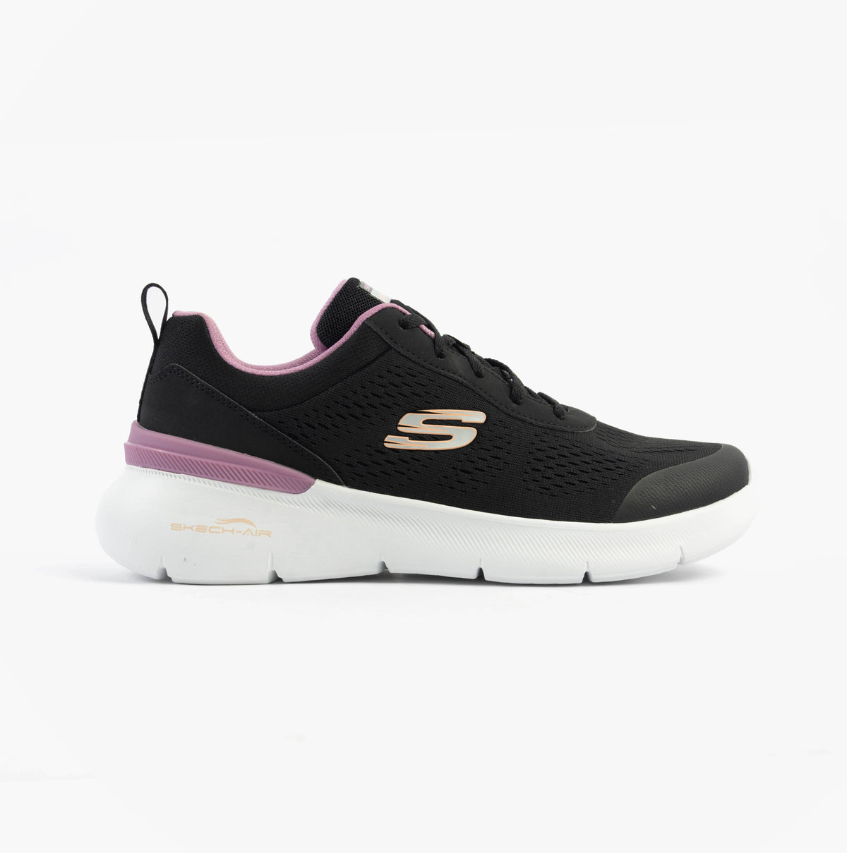 Skechers 150370/BKMV SKECH-AIR DYNAMIGHT 2.0 - NEW Womens Trainers Black/Mauve side view with rubber sole and lace-up closure.