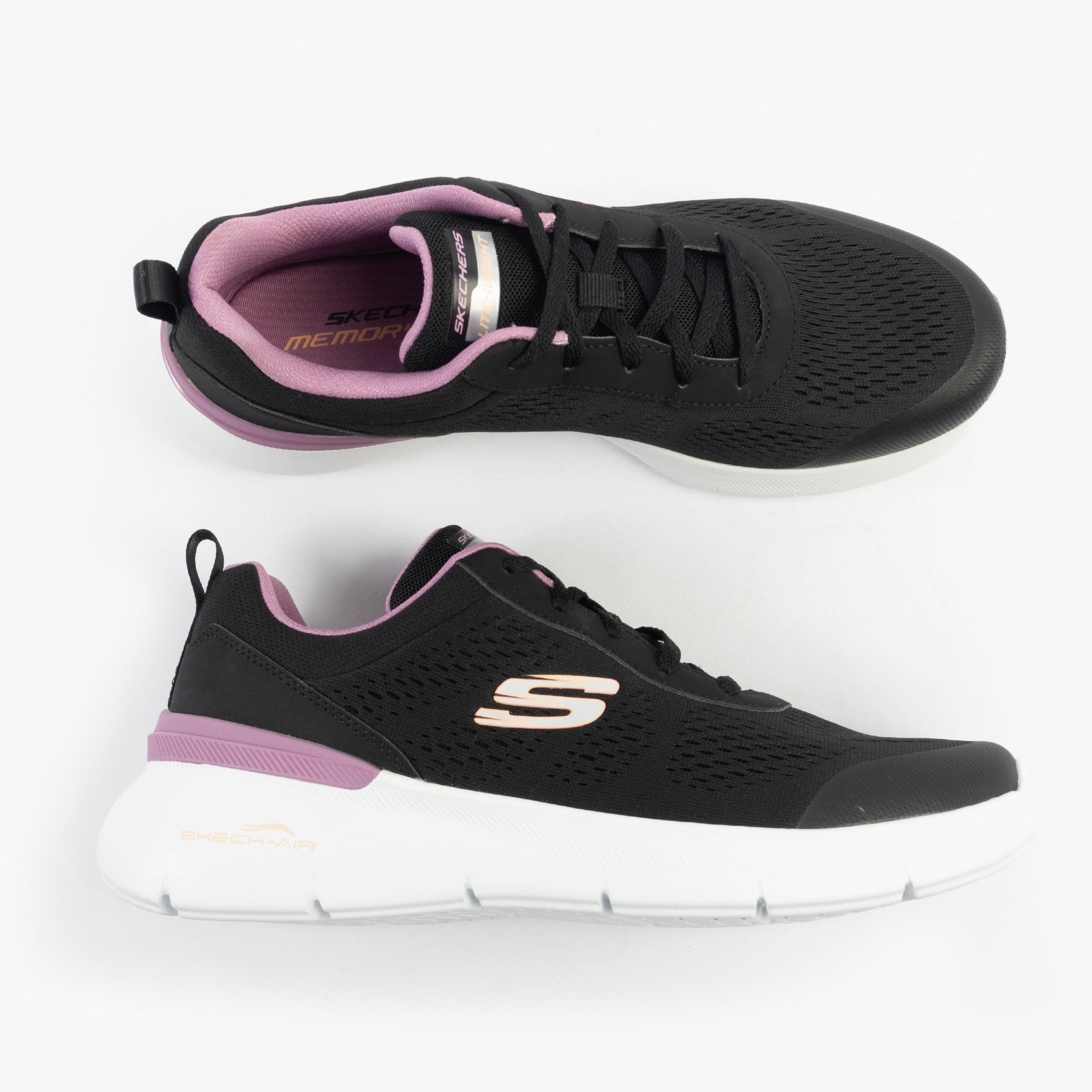 Skechers 150370/BKMV SKECH-AIR DYNAMIGHT 2.0 - NEW Womens Trainers Black/Mauve top view with black and mauve color accents.