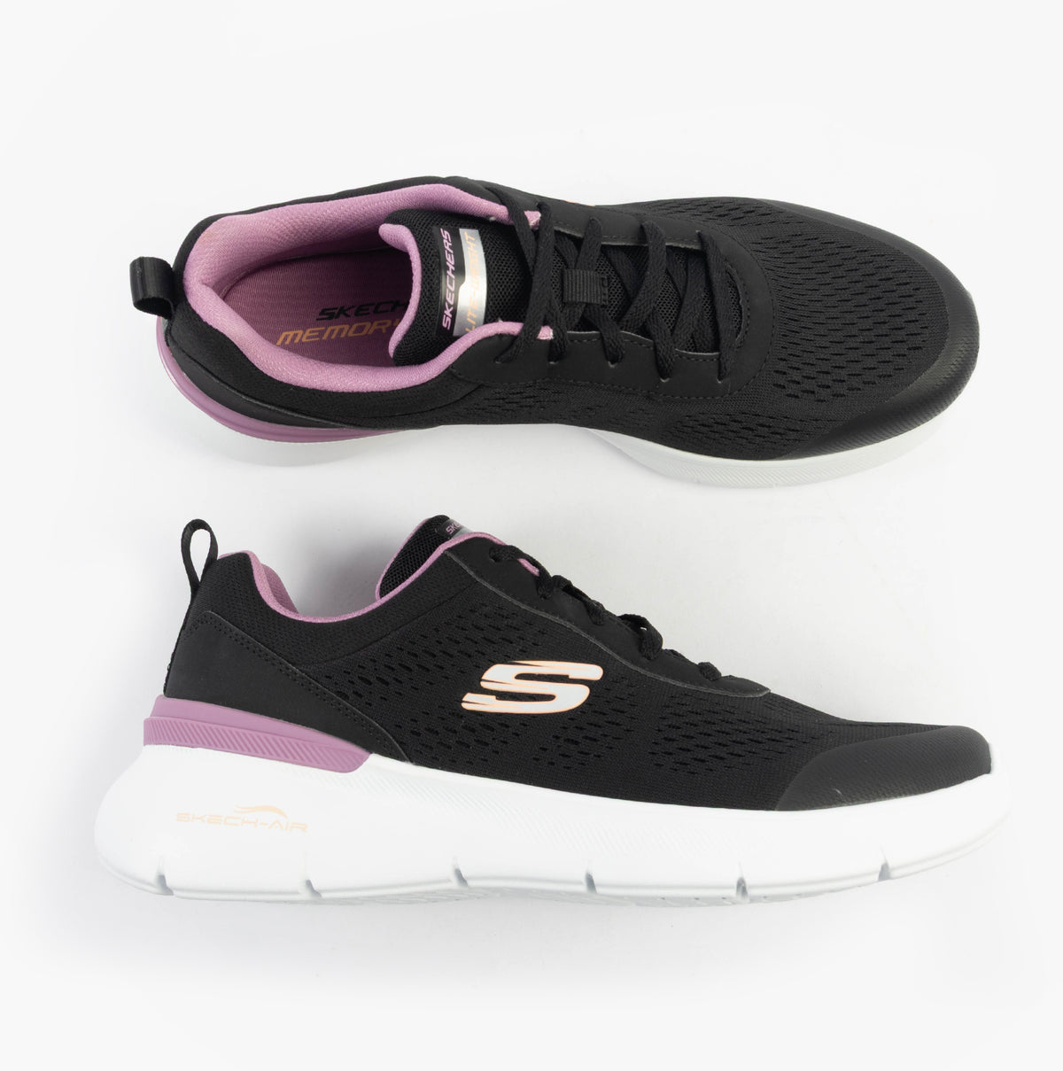 Skechers 150370/BKMV SKECH-AIR DYNAMIGHT 2.0 - NEW Womens Trainers Black/Mauve top view with black and mauve color accents.