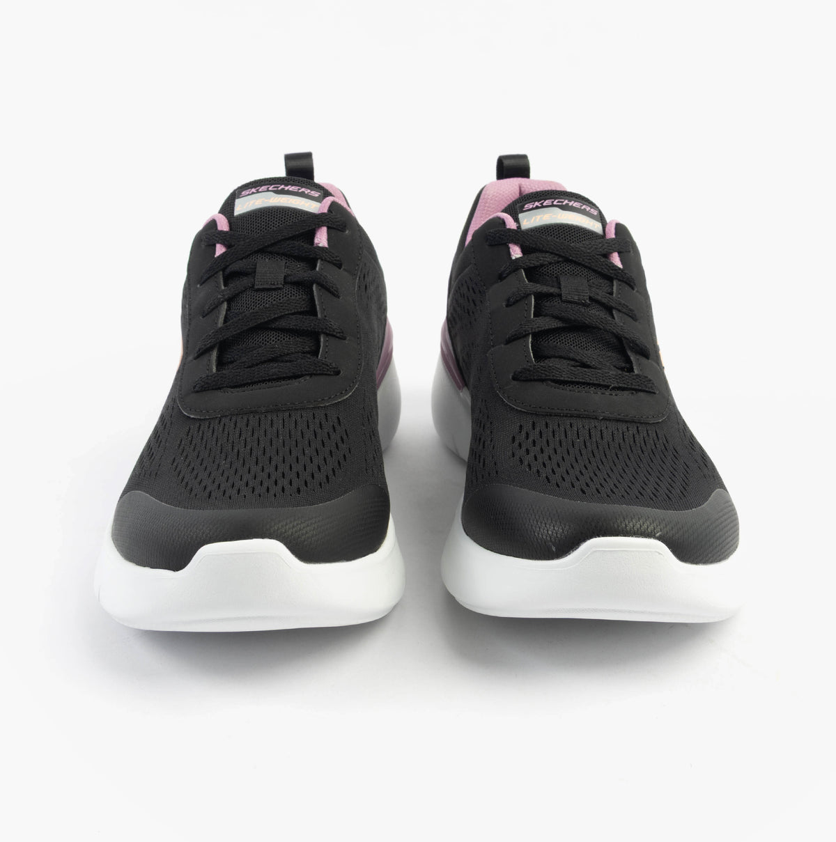 Skechers 150370/BKMV SKECH-AIR DYNAMIGHT 2.0 - NEW Womens Trainers Black/Mauve front view with black mesh upper and pink accents.