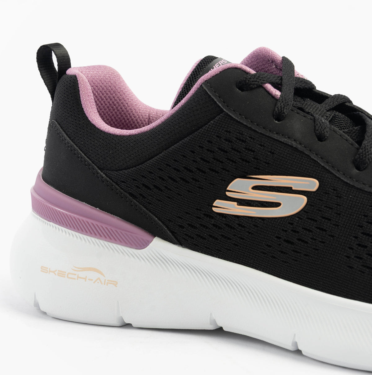 Skechers 150370/BKMV SKECH-AIR DYNAMIGHT 2.0 - NEW Womens Trainers Black/Mauve side view showing mesh upper and rubber sole.