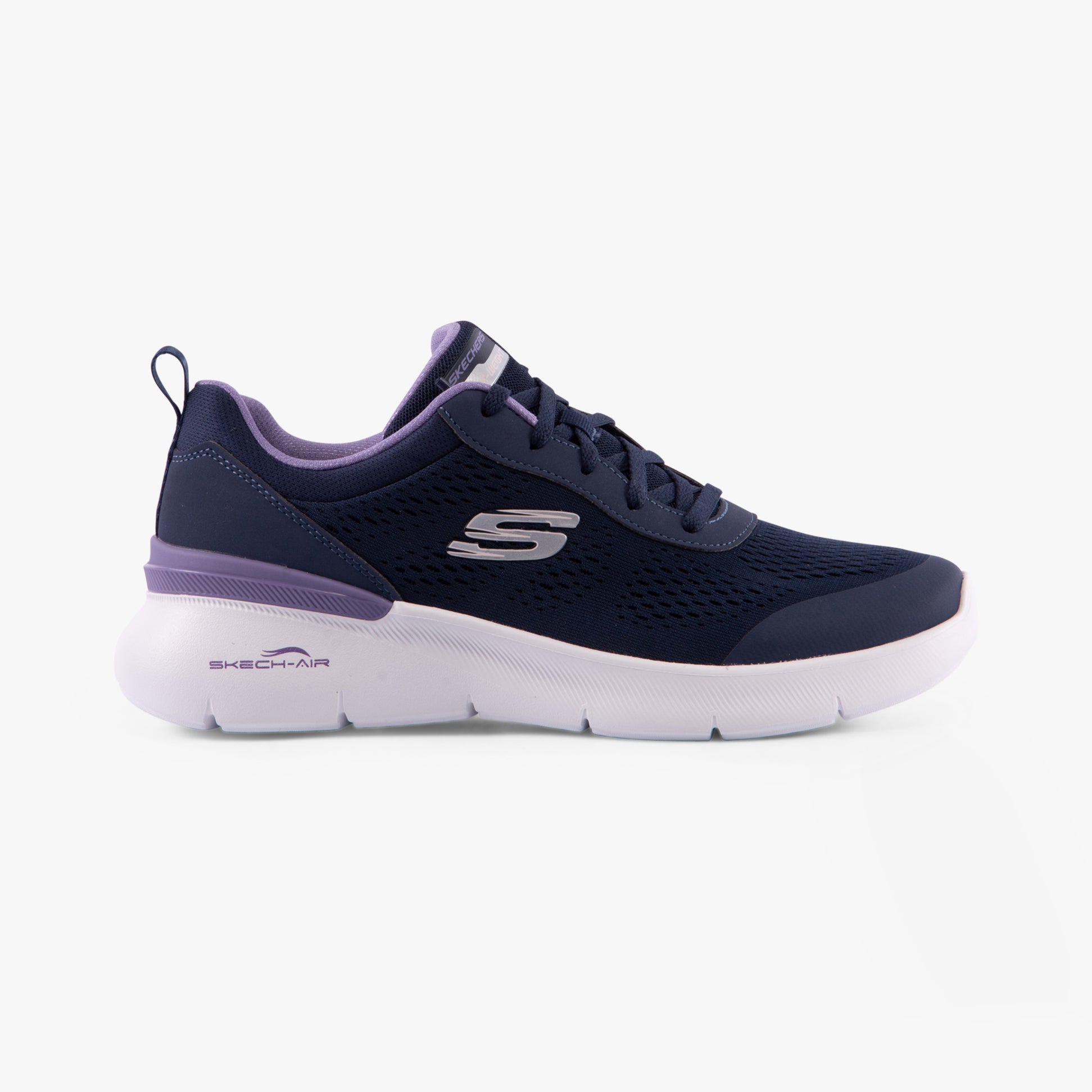 Skechers 150370/NVLV SKECH-AIR DYNAMIGHT 2.0 - NEW Womens Trainers Navy/Lavender side view with lace-up closure.