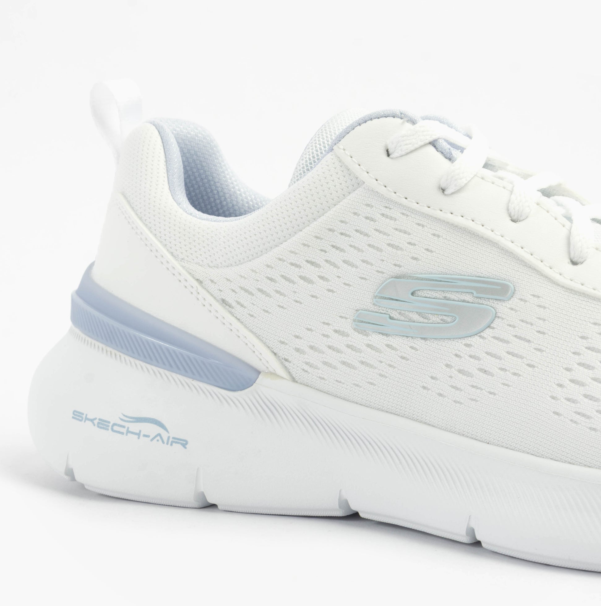 Skechers 150370/WLB SKECH-AIR DYNAMIGHT 2.0 - NEW Womens Trainers White/Light Blue side view showing mesh upper and lace-up design.