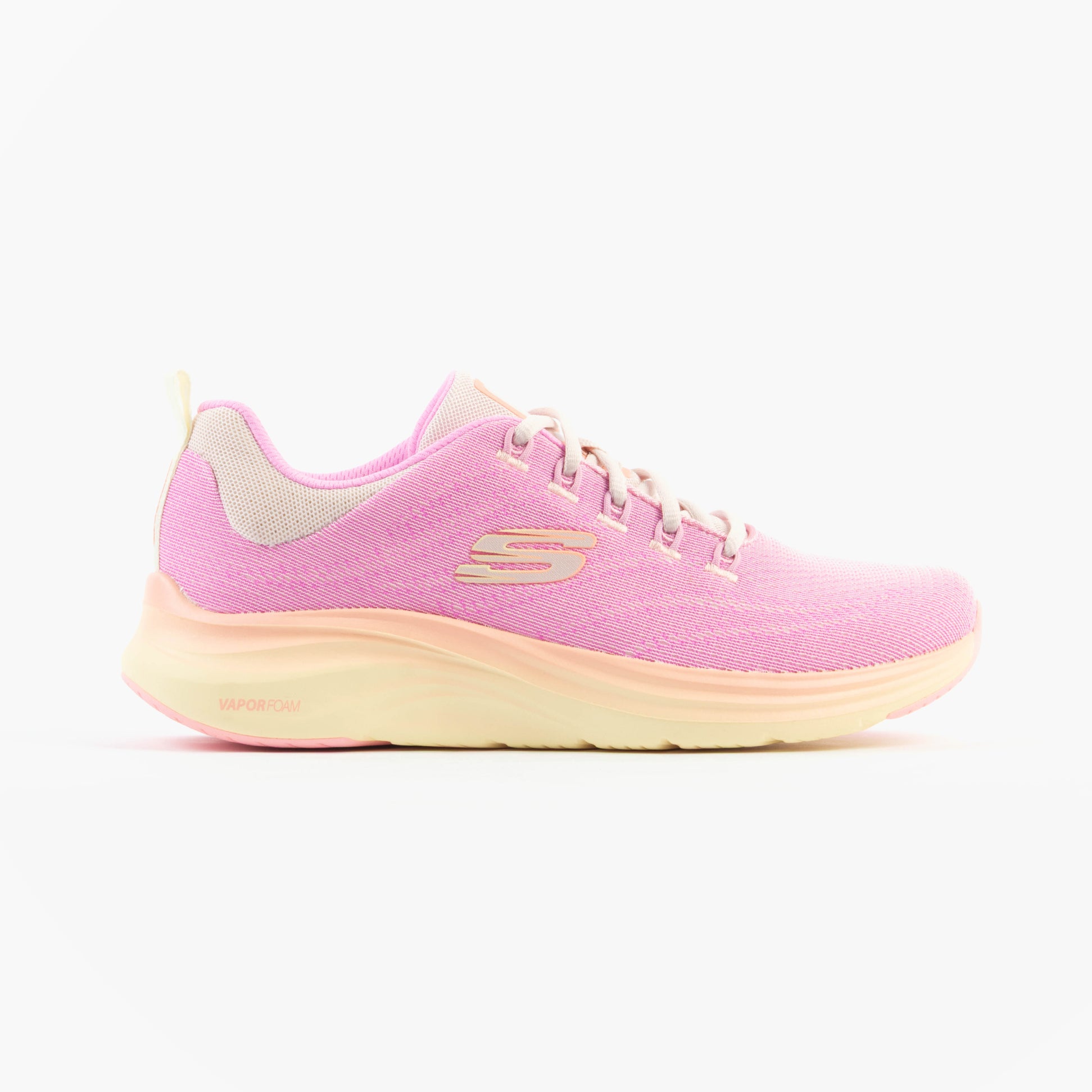 Skechers 150401/PKMT VAPOR FOAM-SUMMER JOURNEY Womens Trainers Pink side view with mesh upper and rubber sole.