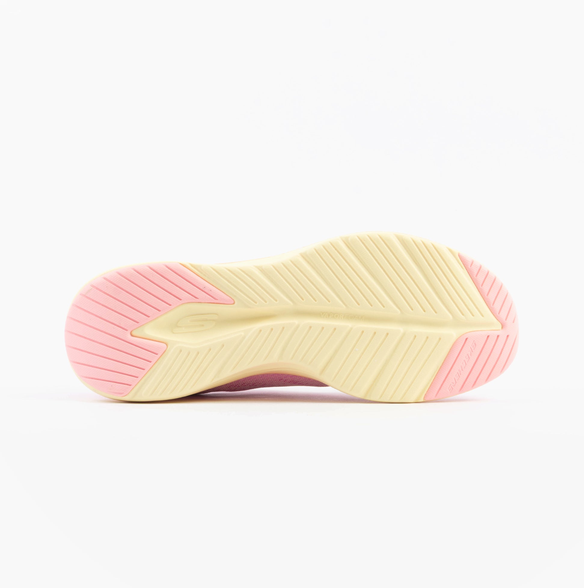Skechers 150401/PKMT VAPOR FOAM-SUMMER JOURNEY Womens Trainers Pink bottom view with rubber sole and pink accents.